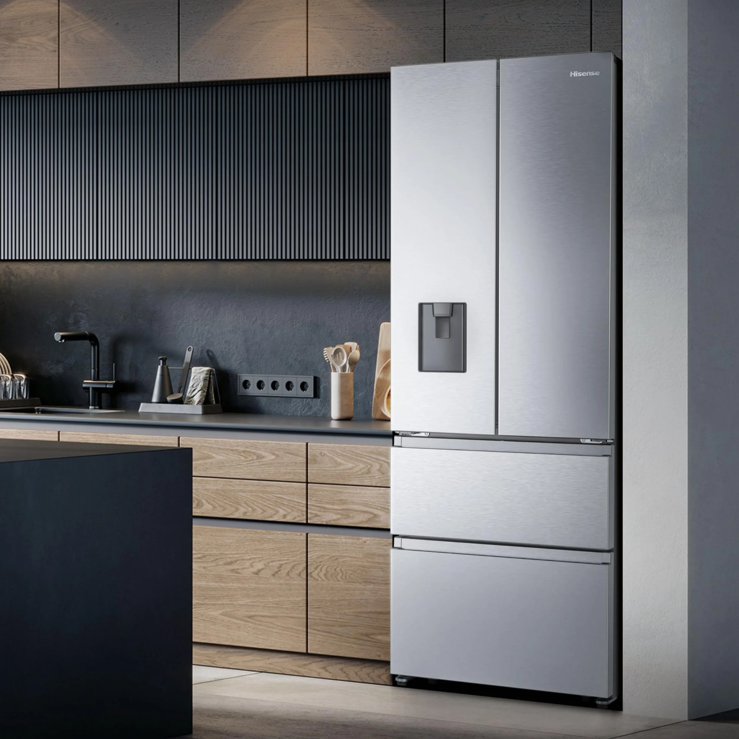 Hisense RF632N4WIE - Frigorífico Combi No Frost Inox Puerta Francesa, Con dispensador, No Frost, 2 Metros,Cajón, 337Litros, Sistema de flujo de aire, Acabado Inox, 485 litros