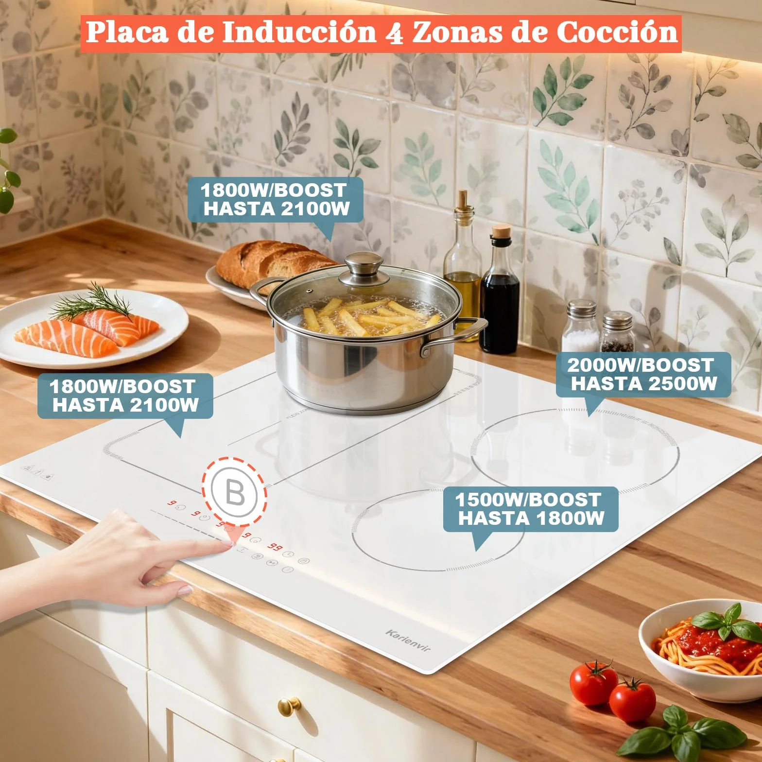 Placa Inducción 4 Fuegos con Zona Flexible y Enchufe, Placa Induccion Empotrable 60 cm con Boost, Vitroceramica Induccion con Pantalla Táctil, Bloqueo de Seguridad, Pausa, Temporizador, Blanca