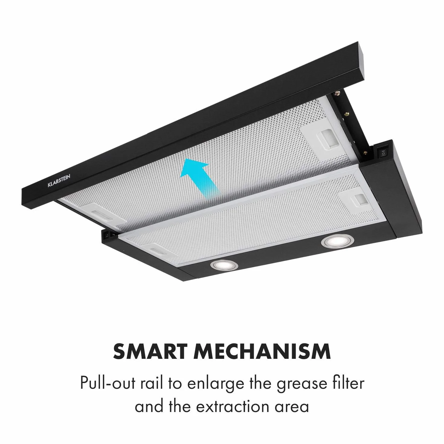 Klarstein Mariana - Extractor de humos plano extraíble, Extracción máx. 500 m³/h, Apto para ventilación y extracción, Potencia 150 W, Iluminación LED, Para montar bajo los muebles, 60 cm, Negro