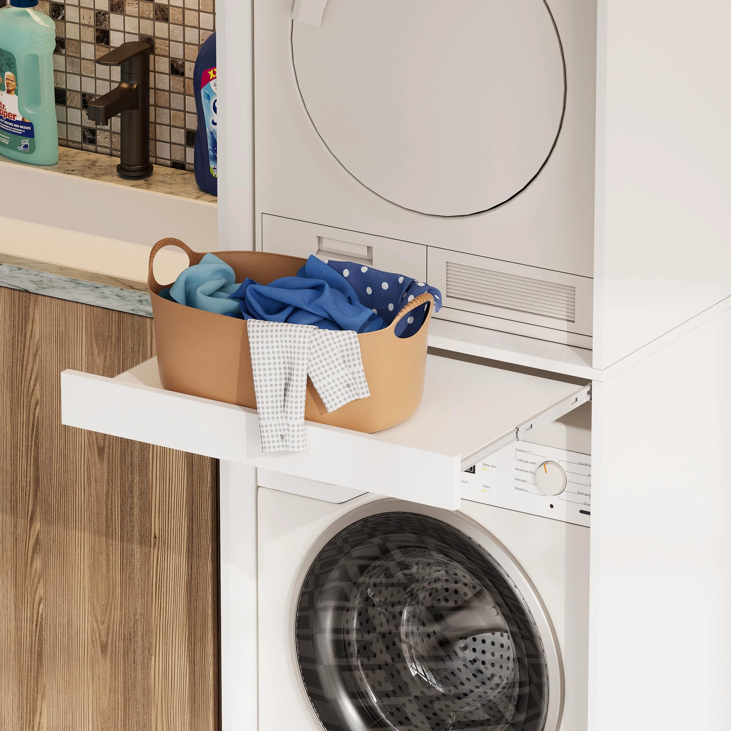 MSFE Armario para Lavadora y Secadora, Mueble Lavadora Secadora con Tabla Extensible, Kit de Apilamiento para Lavadoras y Secadoras, 180 x 65 x 66 cm, fijada a la Pared, Dos Paquetes