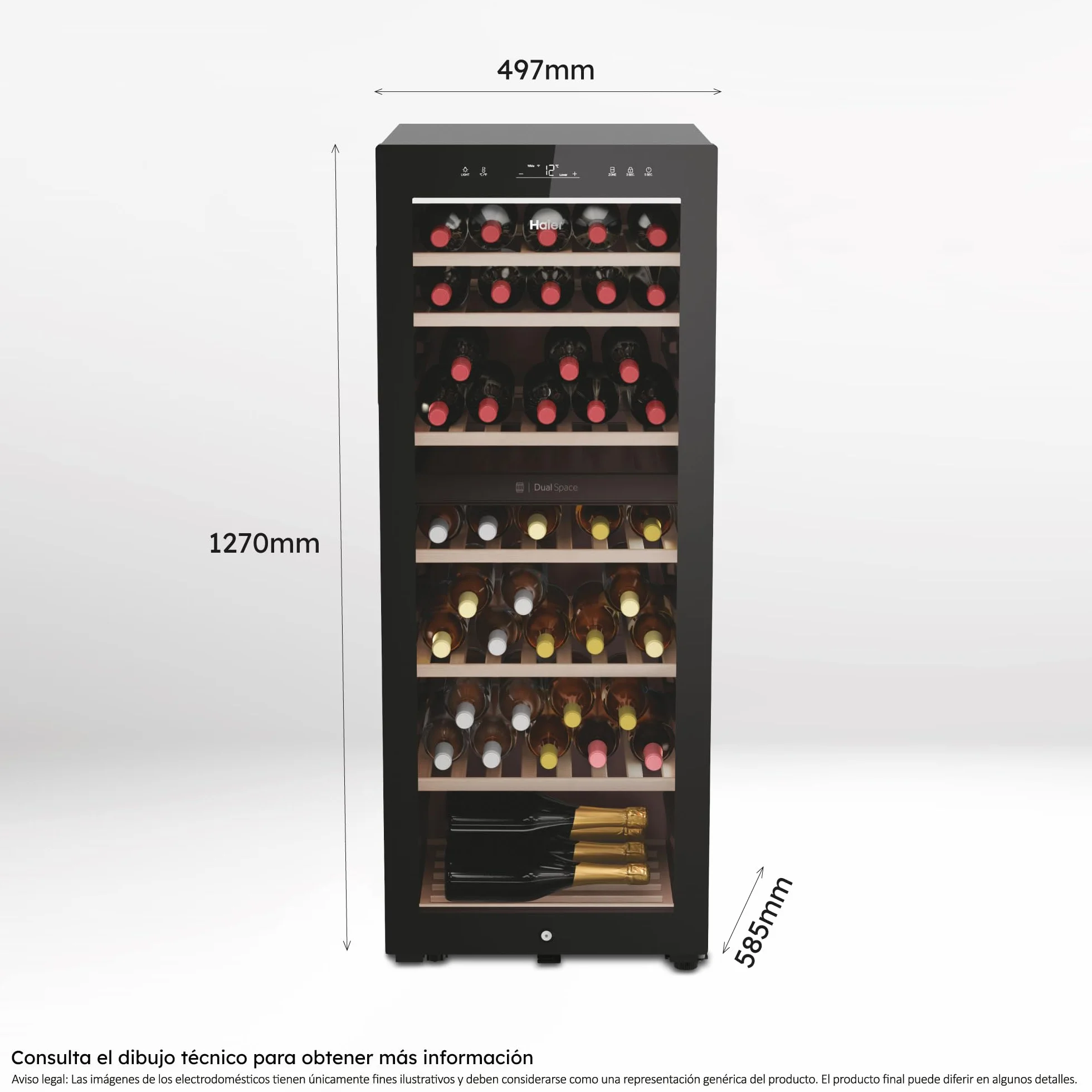 Haier Wine Bank 50 Series 7 HWS77GDAU1 Vinoteca de 77 botellas, WIFI, 2 Zonas, Estantes de madera, Filtro Anti-UV, Filtro de carbón, Refrigeración por Compresor, Display Digital, LED, 37 dbA, Negra