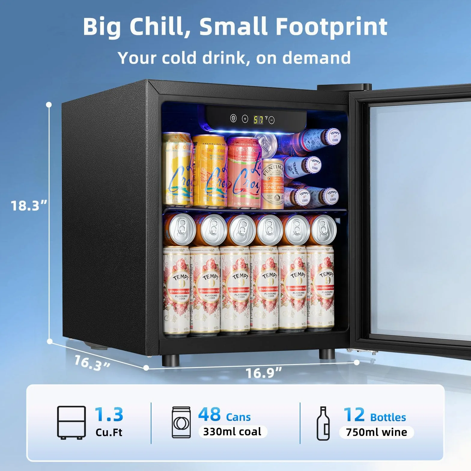 Antarctic Star - Enfriador de bebidas para 48 latas, 12 botellas de vino con puerta de vidrio de acero inoxidable sin costuras, indicador de temperatura digital, control electrónico
