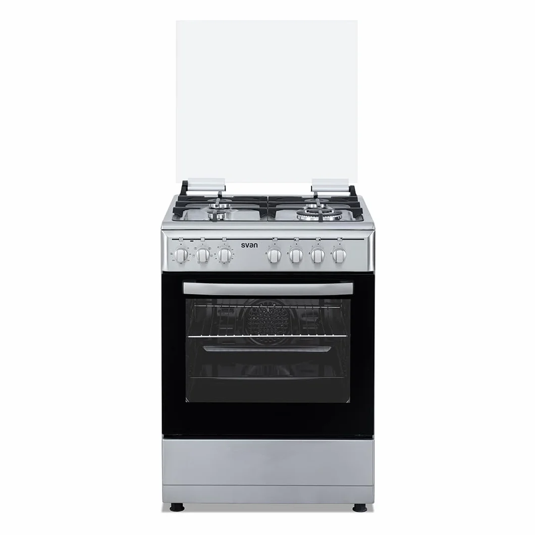 Svan Cocina Mixta Gas Butano, 4 Zonas de Cocción, Horno 56 L, Inox, SKMW4601X. Control Manual, Quemador WOK Triple Llama, 6 Programas de Cocción, Compartimento Bombona, Cristal en Puerta Doble Capa, T