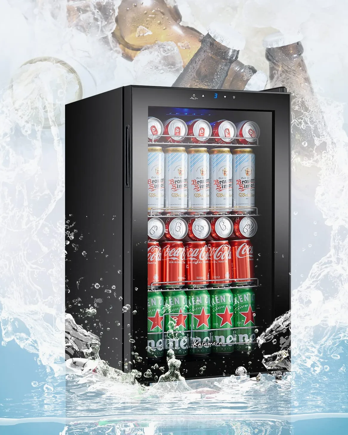 Kalamera KRC-68GE Refrigerador para bebidas, nevera pequeña para botellas con panel de control táctil, zona de enfriamiento de 3-18 °C, nevera de cerveza, 68 litros, 38 dB, luz interior LED azul
