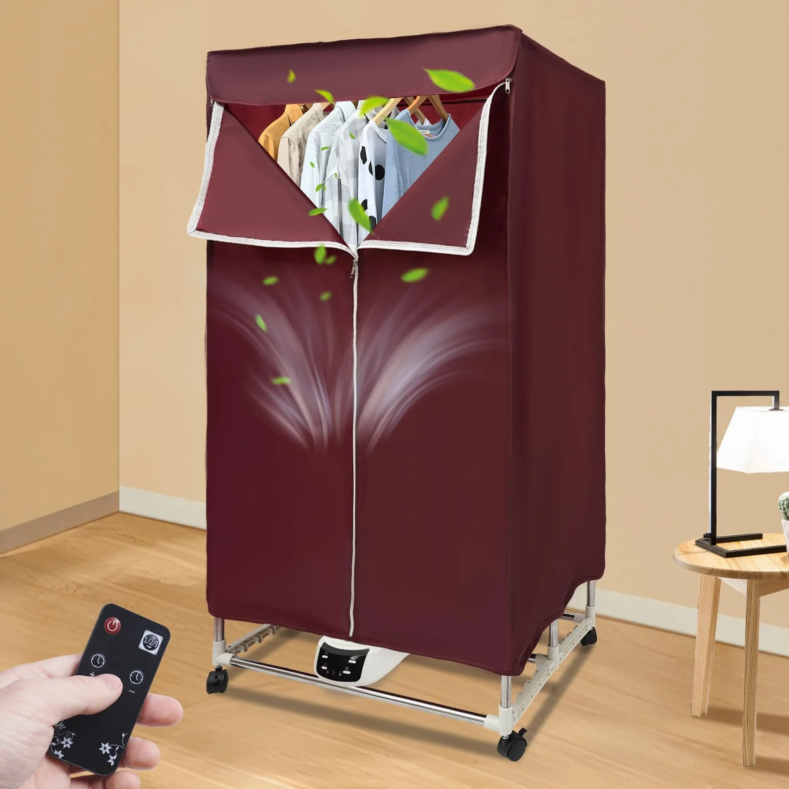 Secadora eléctrica de 1500 W, armario portátil, secadora de aire caliente, máquina de secado plegable con mando a distancia y temporizador, diseño de doble capa, para el hogar (rojo)