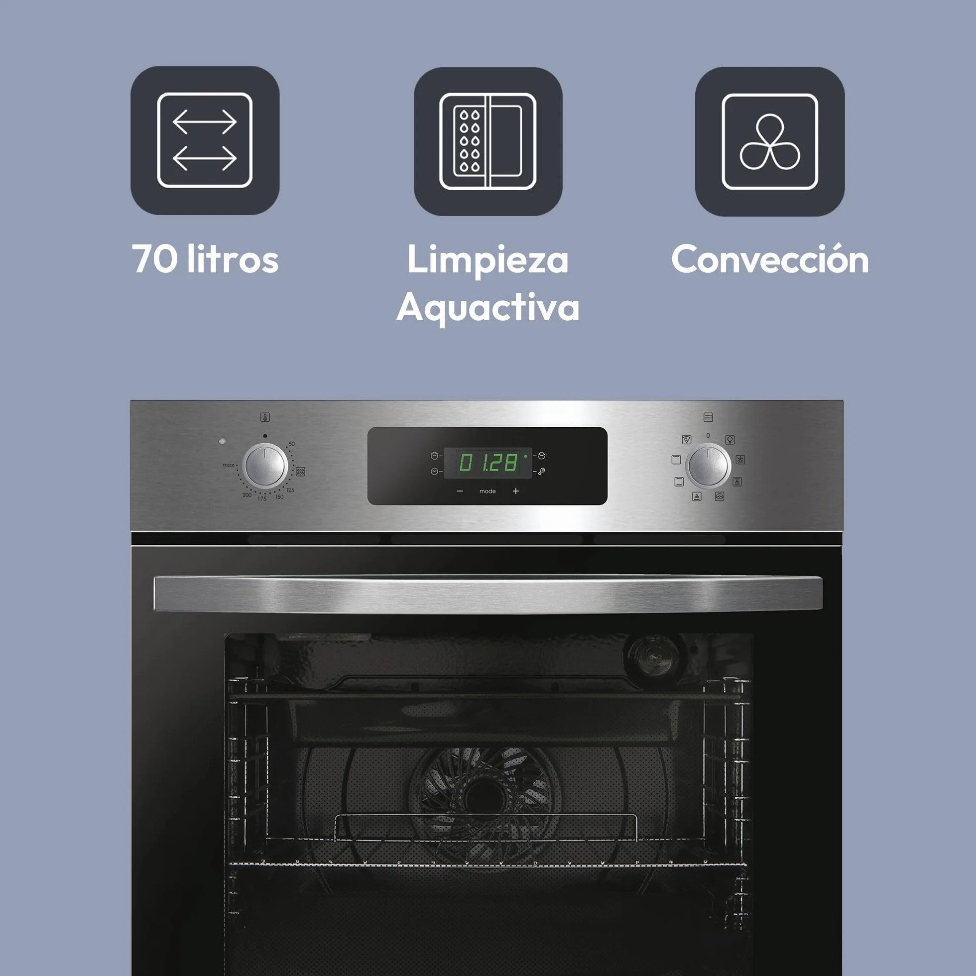 Candy Idea FIDC X625 L, Horno Multifunción, 70L, Limpieza Aquactiva, 1 Bandeja y 2 Rejillas, Guía Telescópica, 8 Funciones, Display Timer Touch, Mandos Push&Pull, Puerta 2 Cristales, Inox y Negro