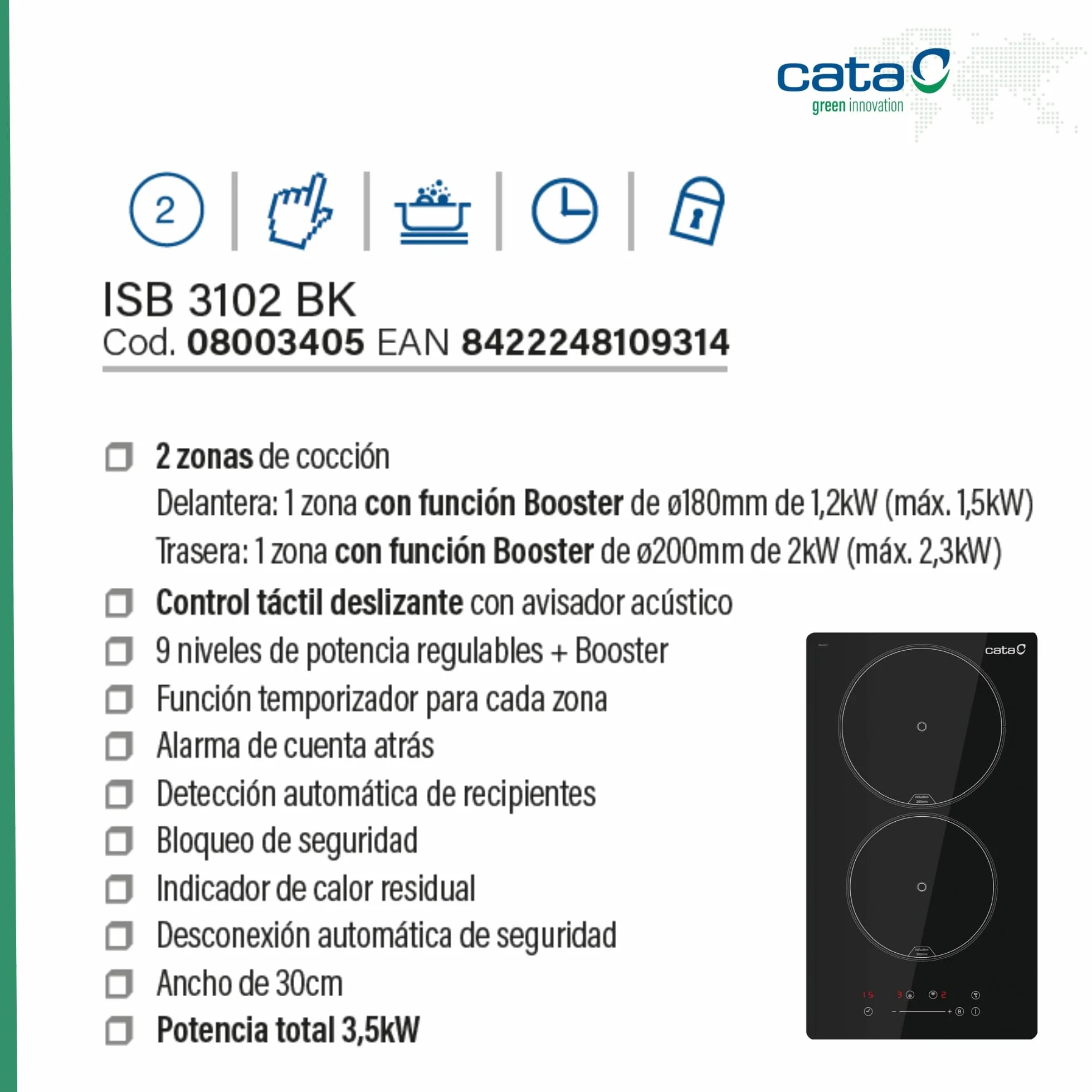 CATA Placa de Inducción ISB 3102 BK 2 Zonas Control Táctil Deslizante 9 Niveles Potencia Booster Temporizador 29 cm Negro