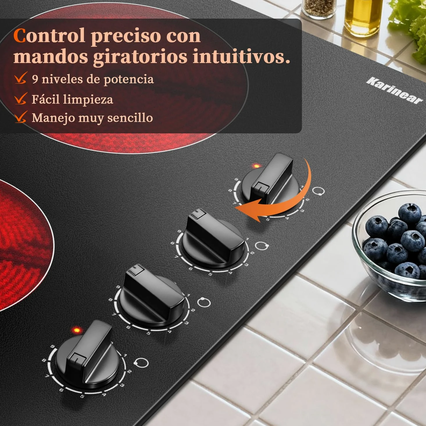 Karinear Placa Vitroceramica 4 Fuegos 60 CM con Mandos Manuales, 6000W | 9 Niveles de Potencia, 4 Placas con Niveles de Potencia, Compatibilidad Universal de Ollas, Apagado Automático, sin Enchufe