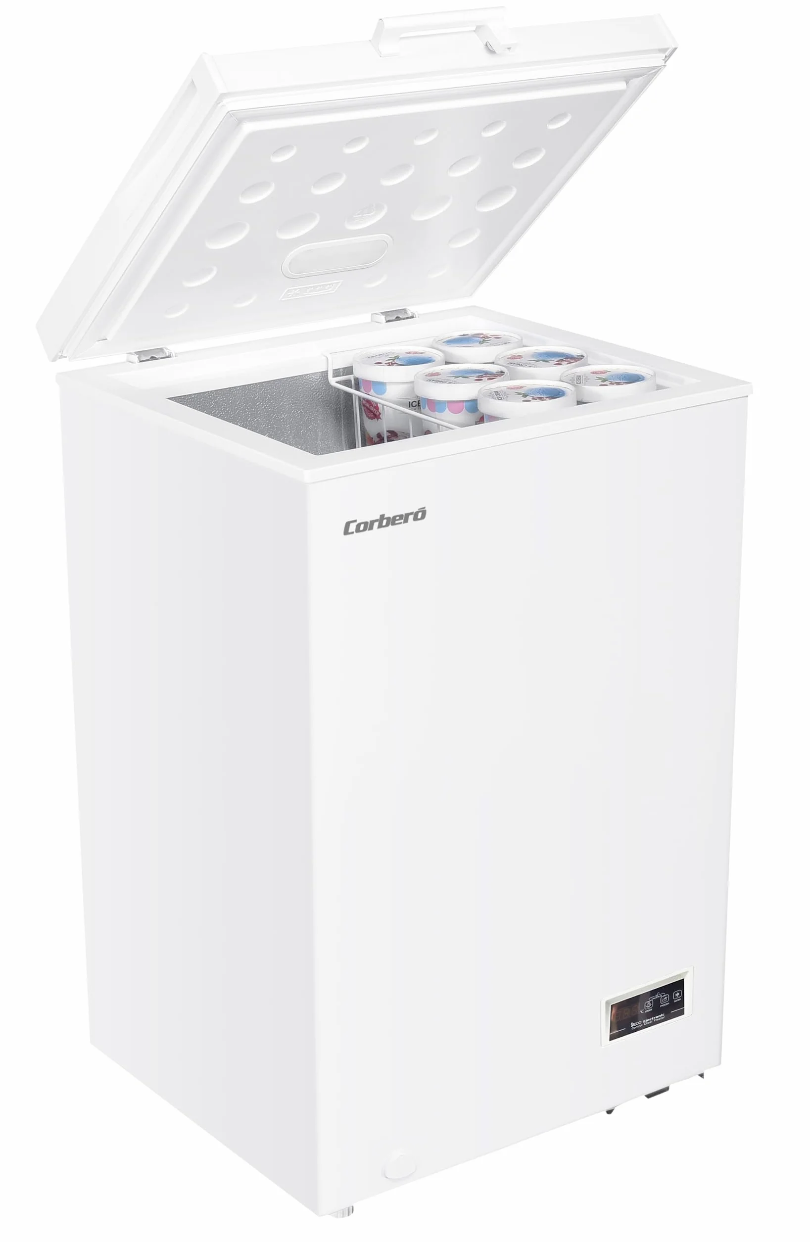 Corberó - Congelador Arcón 98L CCHH10023E | Control Electrónico con Display | Luces LED | 1 Cesta Interior | Ruedas y Patas Ajustables | 40 Db | Eficiencia Energética F, Blanco
