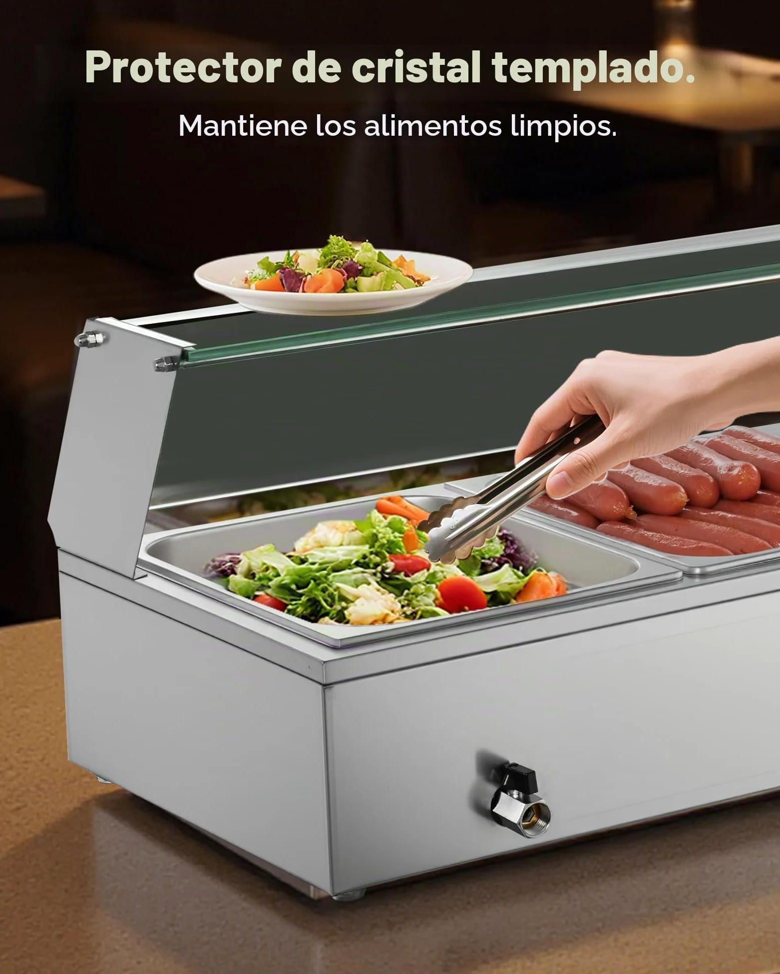 VEVOR Calentador de Alimentos Eléctrica, con Tapa de Vidrio y 5 Recipientes, 1,5 kW, de Acero Inoxidable, con Baño María, para Restaurantes, Fiestas y Bufés, 30-85 ℃, 1450 x 365 x 335 mm, Plata