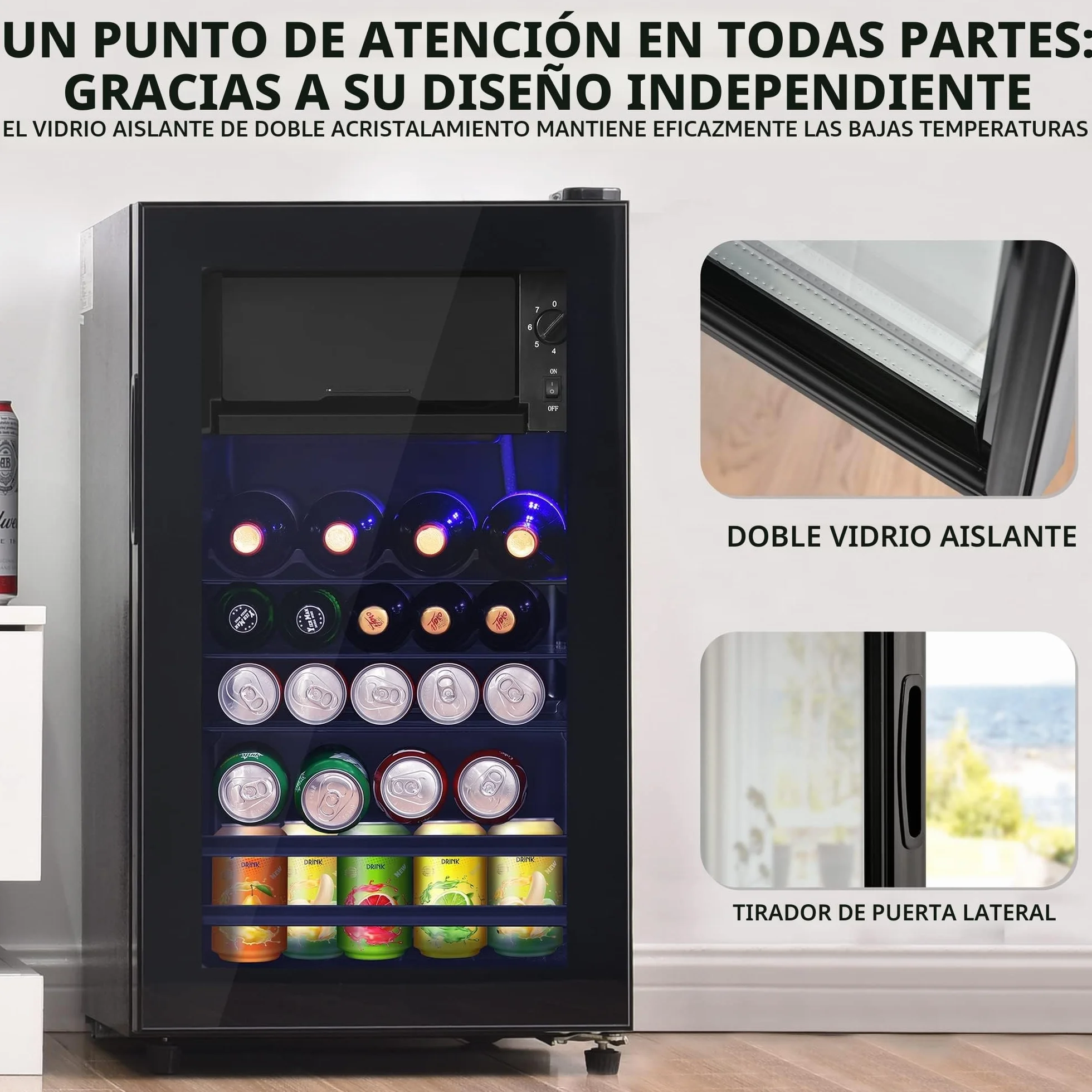 Merax Frigorífico Mini 76L, Freestanding Enfriador de bebidas con refrigerador de 70L + congelador de 6L, con iluminación interior LED y estantes ajustables, súper silencioso para restaurante bar