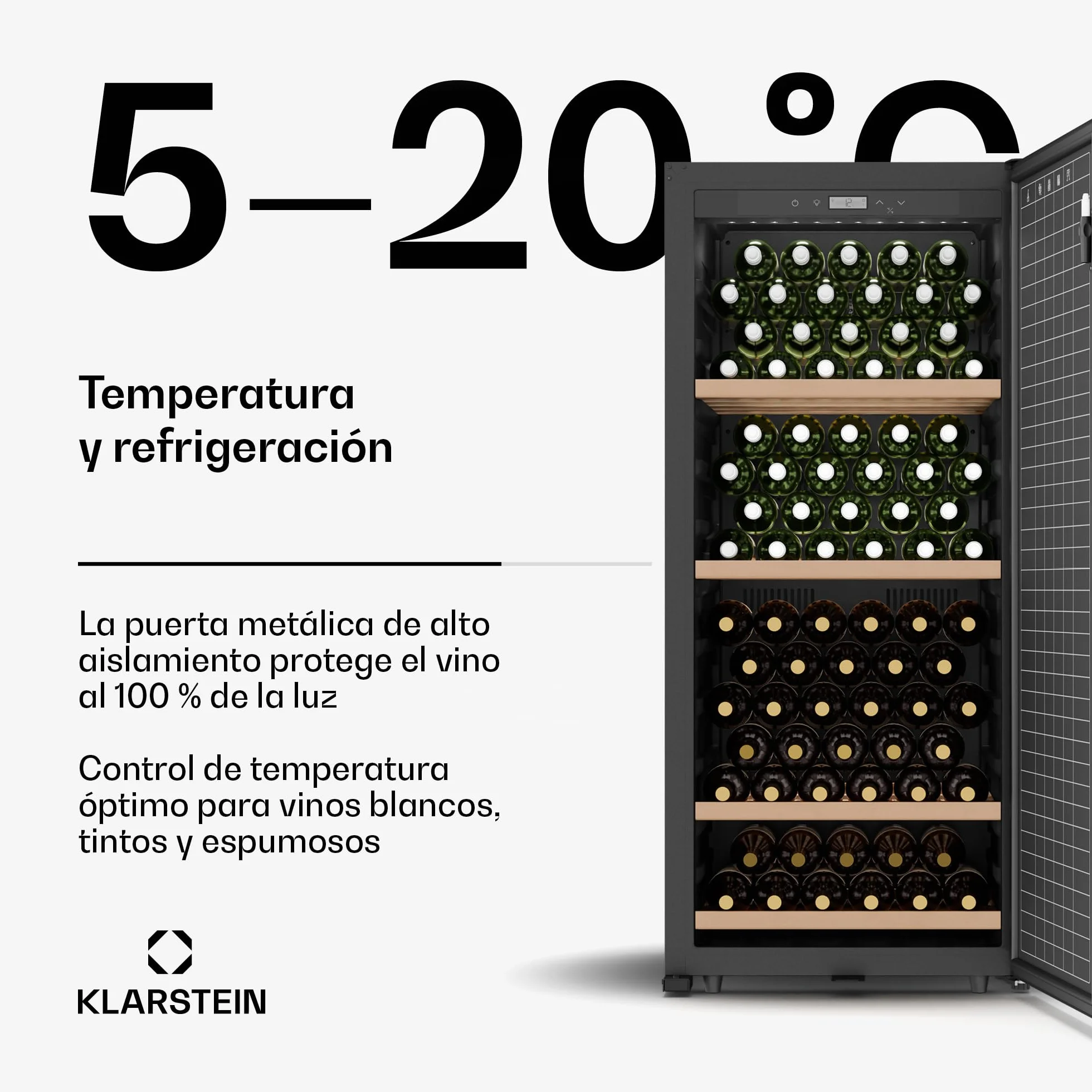 KLARSTEIN CellarMax Vinoteca Grande - 155 Botellas, 5-20°C, Control Táctil, Puerta Metálica, Cerradura, Alarma, Independiente, Nevera Para Vinos