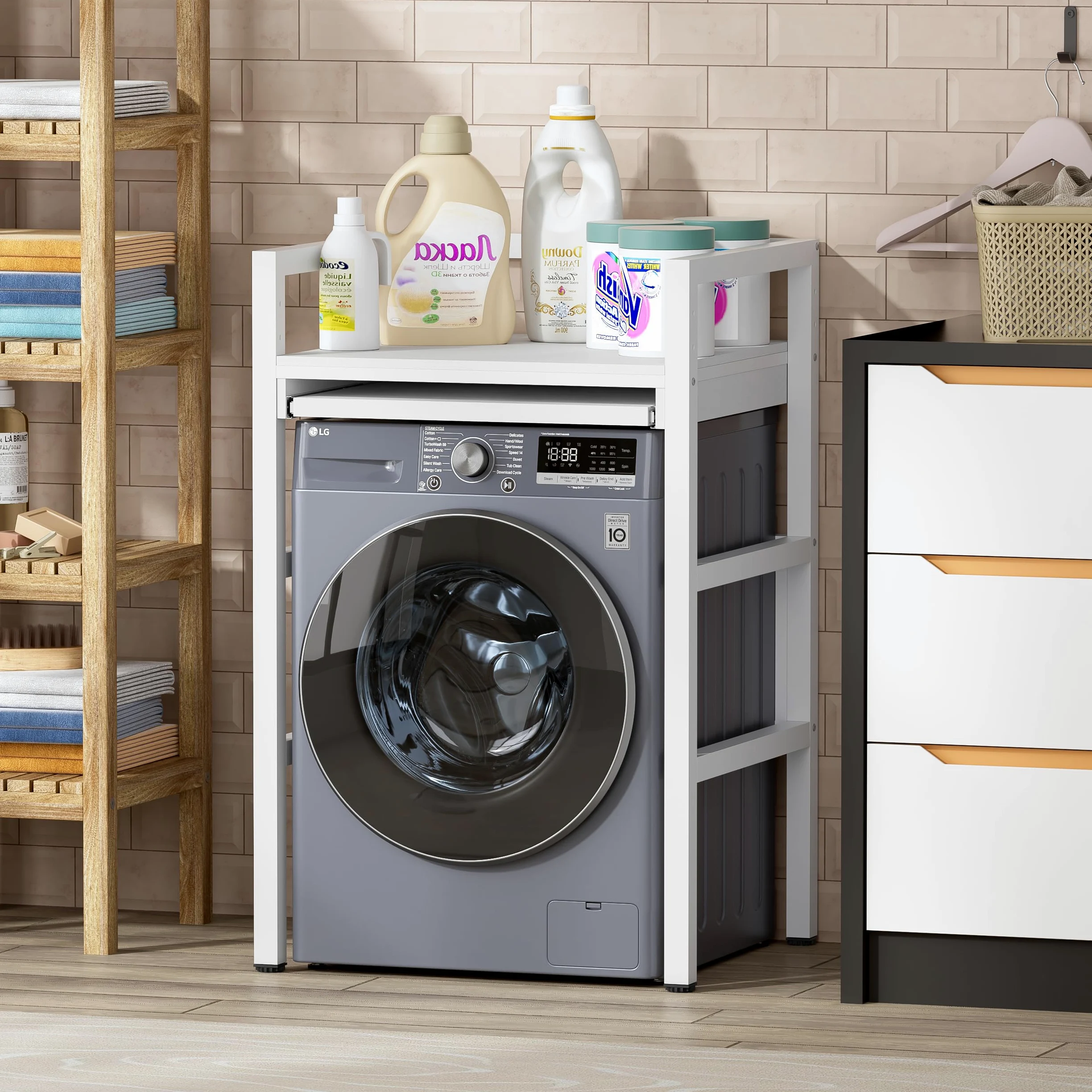 MSFE Estantería Lavadora con Tablero de Estante, Soporte de Altura Ajustable para Secadora,Universal Kit de Soporte Secadora sobre Lavadora, Capacidad de Carga 350kg,73*64*115cm,Producto Patentado