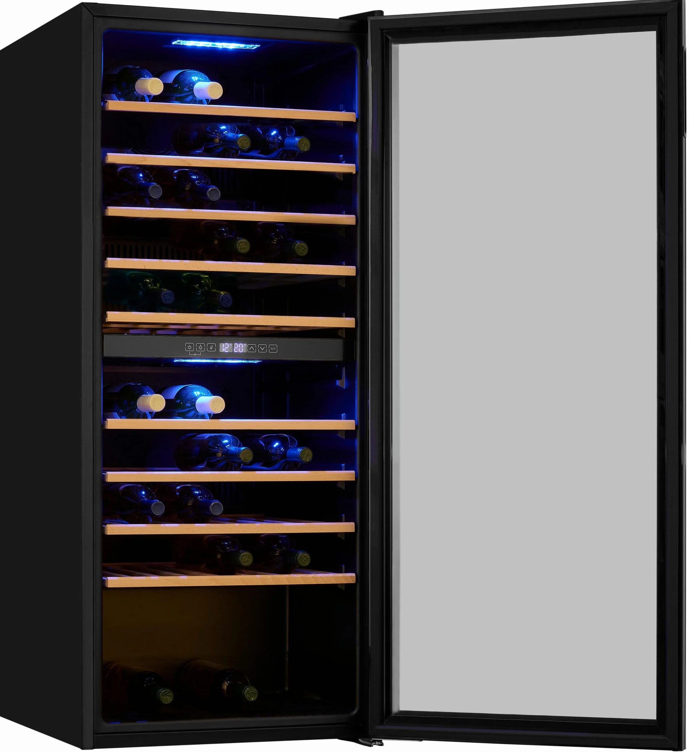 Exquisit® Vinoteca para 114 Botellas, 220L, Negro, Clase G, Dos Zonas de Temperatura 5-20°C, Control Digital LCD, Puerta de Cristal Reversible, Medidas (129,0 x 55,2 x 57,5 cm)