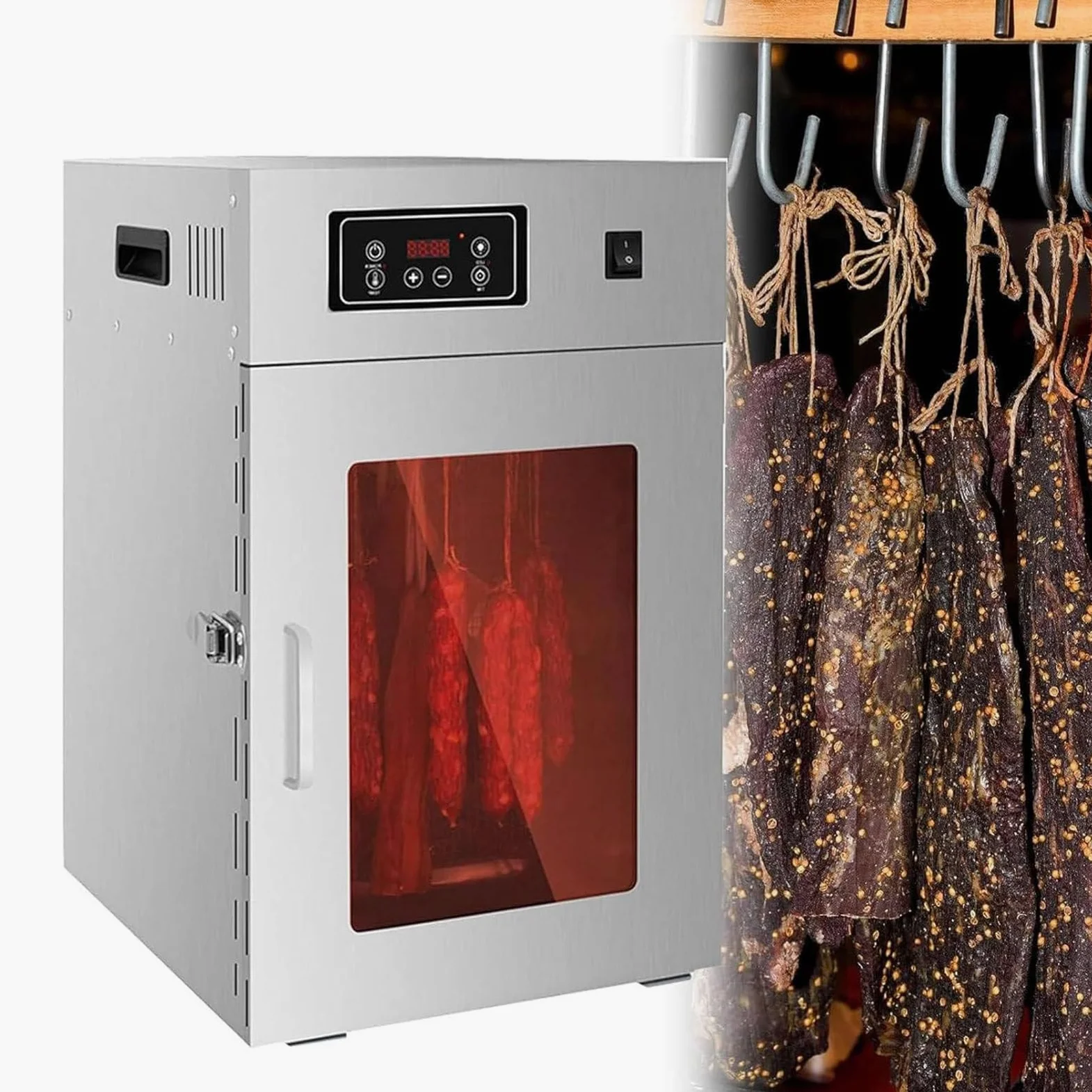 Secador de alimentos comercial, 800 W, rotativo, automático, con pantalla LED de control táctil, secador de grado industrial de 30 a 90 ℃ para salchichas, tocino, cecina
