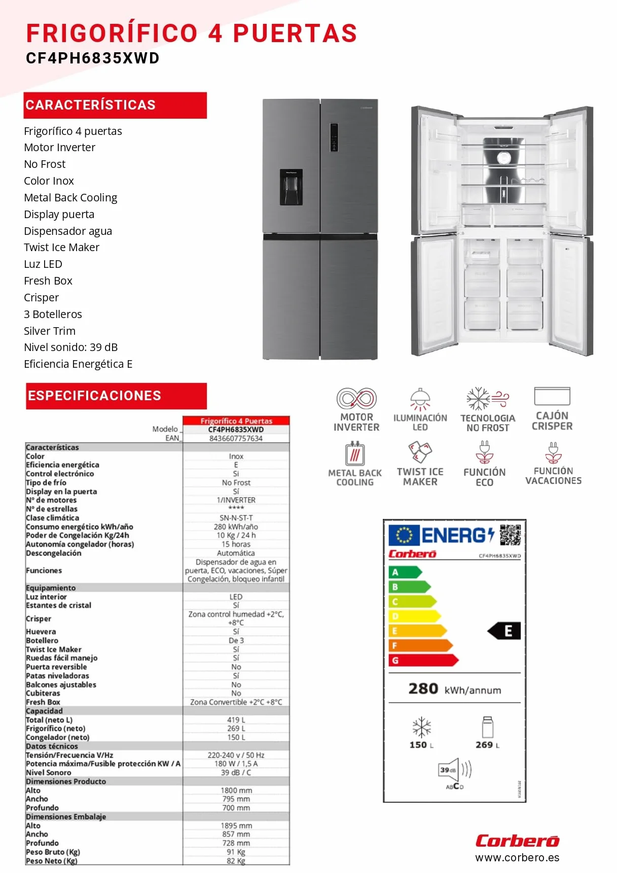 Corberó - Frigorífico 4 Puertas | CF4PH4823NFX | No Frost | Inverter | 362L | 180 cm | Display Puerta | Fresh Box | Crisper | Fresh Box Convertible | Estantes de Cristal | Función Eco | Inox