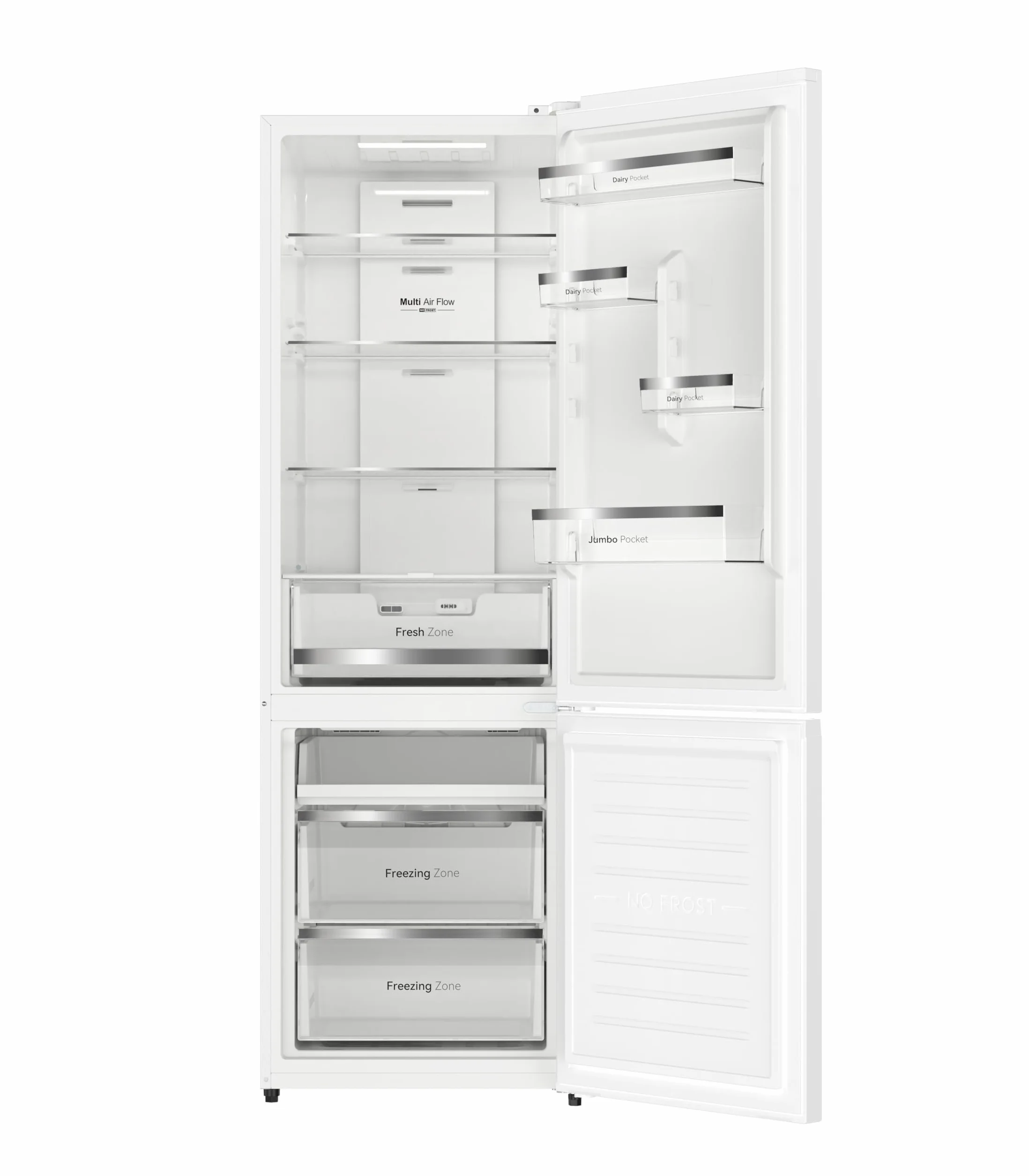 VOK Frigorífico Combinado No Frost 405L en 185.5cm - Compresor Inverter Silencioso 37dB, MaxVolume, Zona 0°C, Multi Air Flow, Clase E, Blanco, EVR-405NEW