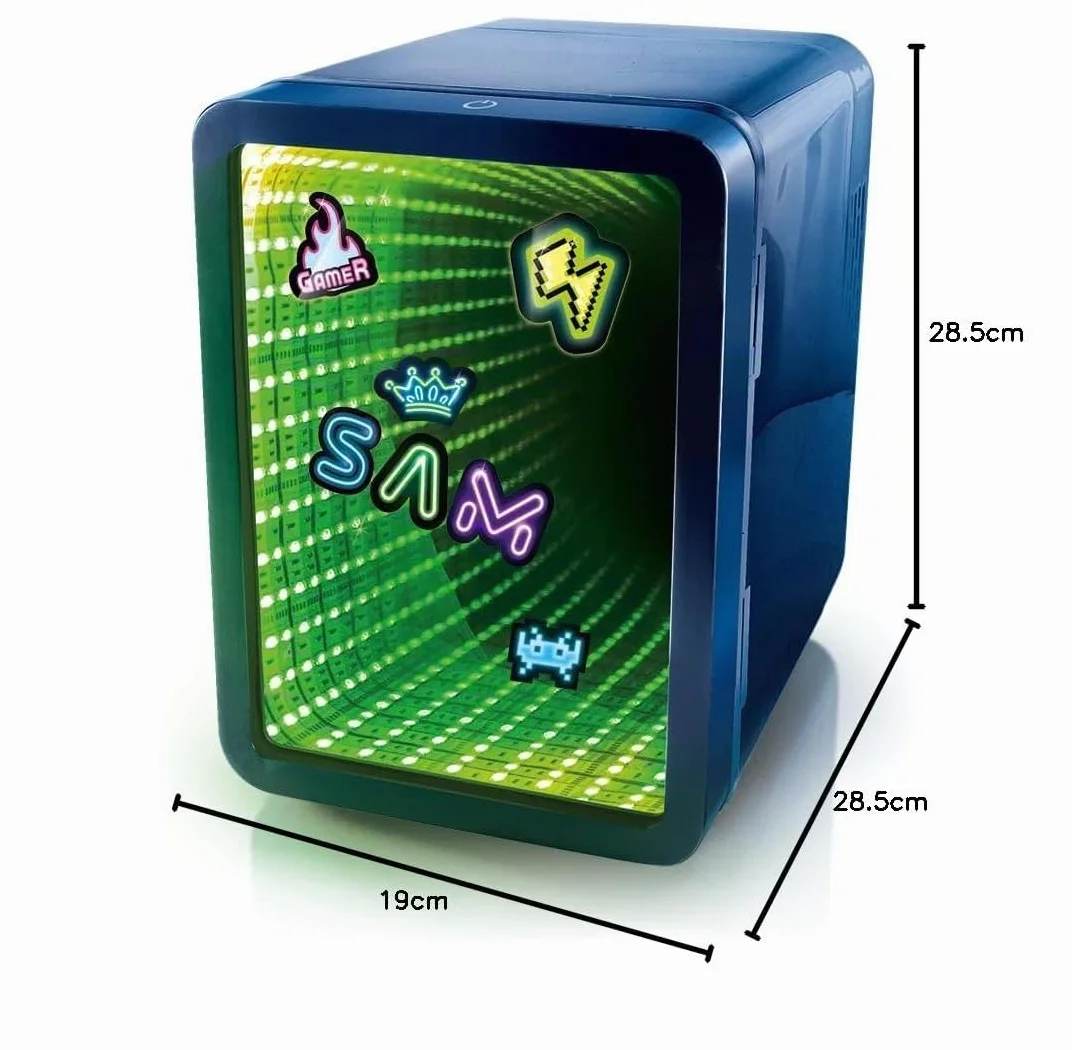 So Chill - Mini nevera con efecto LED infinito, jugadores, estudiantes, viajes en casa/coche, Hangouts + más, alimentado por USB, calcomanías incluidas, 6 latas regulares, puerta con efecto espejo