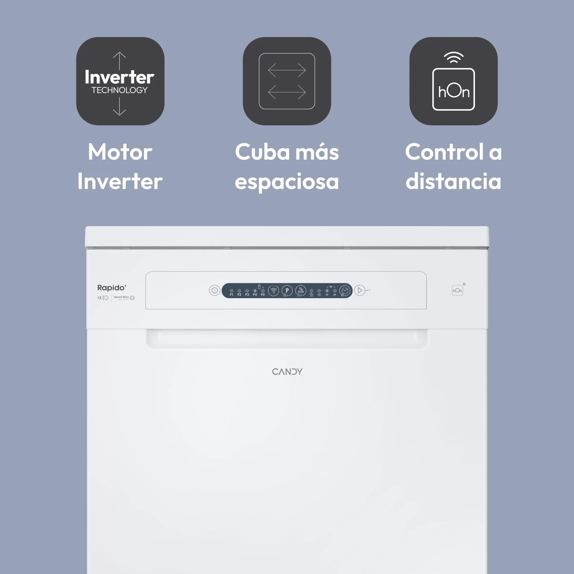 Candy Rapidò CF 3C7L1W Lavavajillas 60 CM, 13 Servicios, Wi-Fi, 5 Programas, Tercera Bandeja, Motor Inverter, Inicio Diferido 3-6-9 H, Indicador Sal y Abrillantador, 47DB, Blanco
