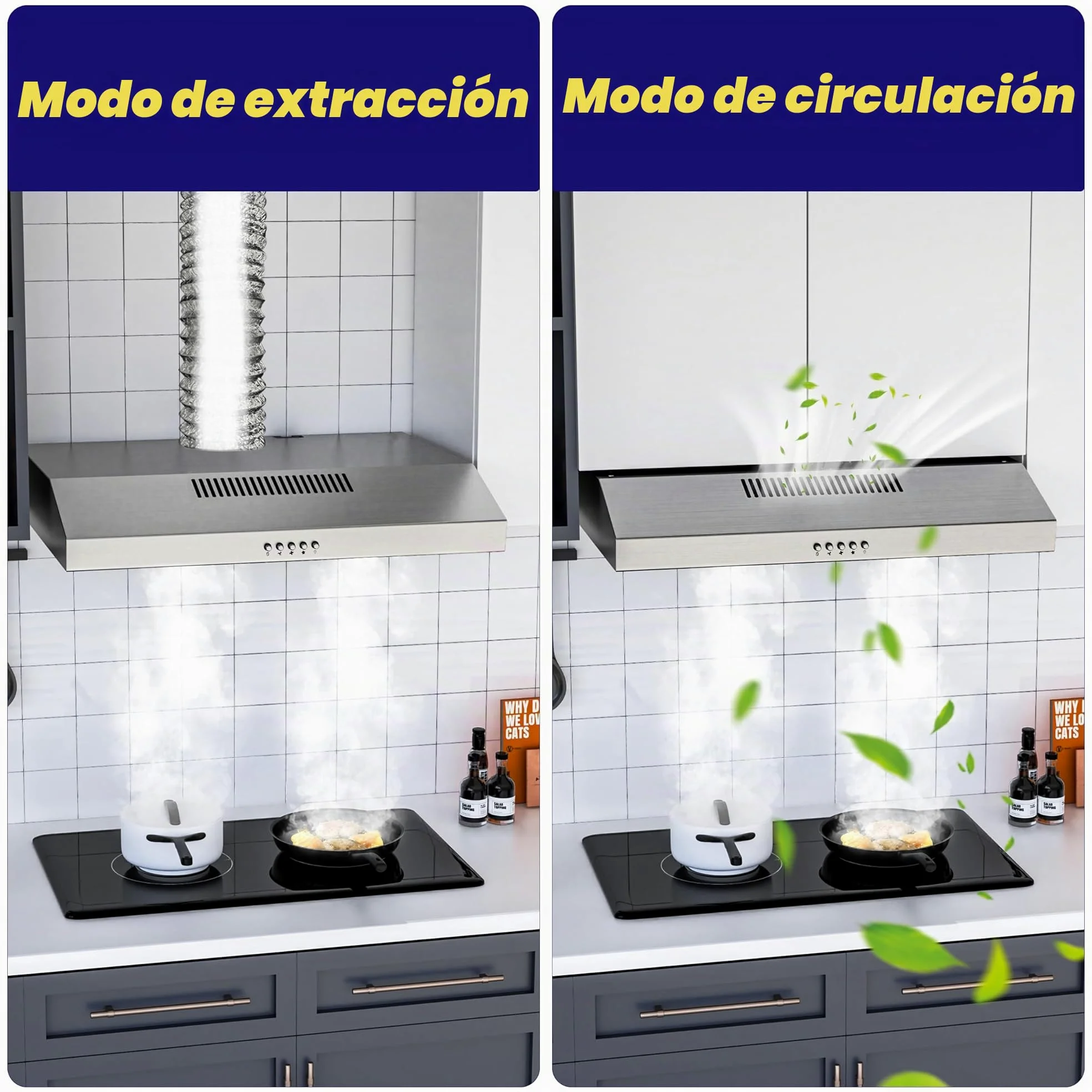 FIREGAS campana extractora 60 cm, con motor sin escobillas, 3 velocidades, 250 m³/h, iluminación LED, filtro de carbón incluido, evacuación y reciclaje, acero inoxidable