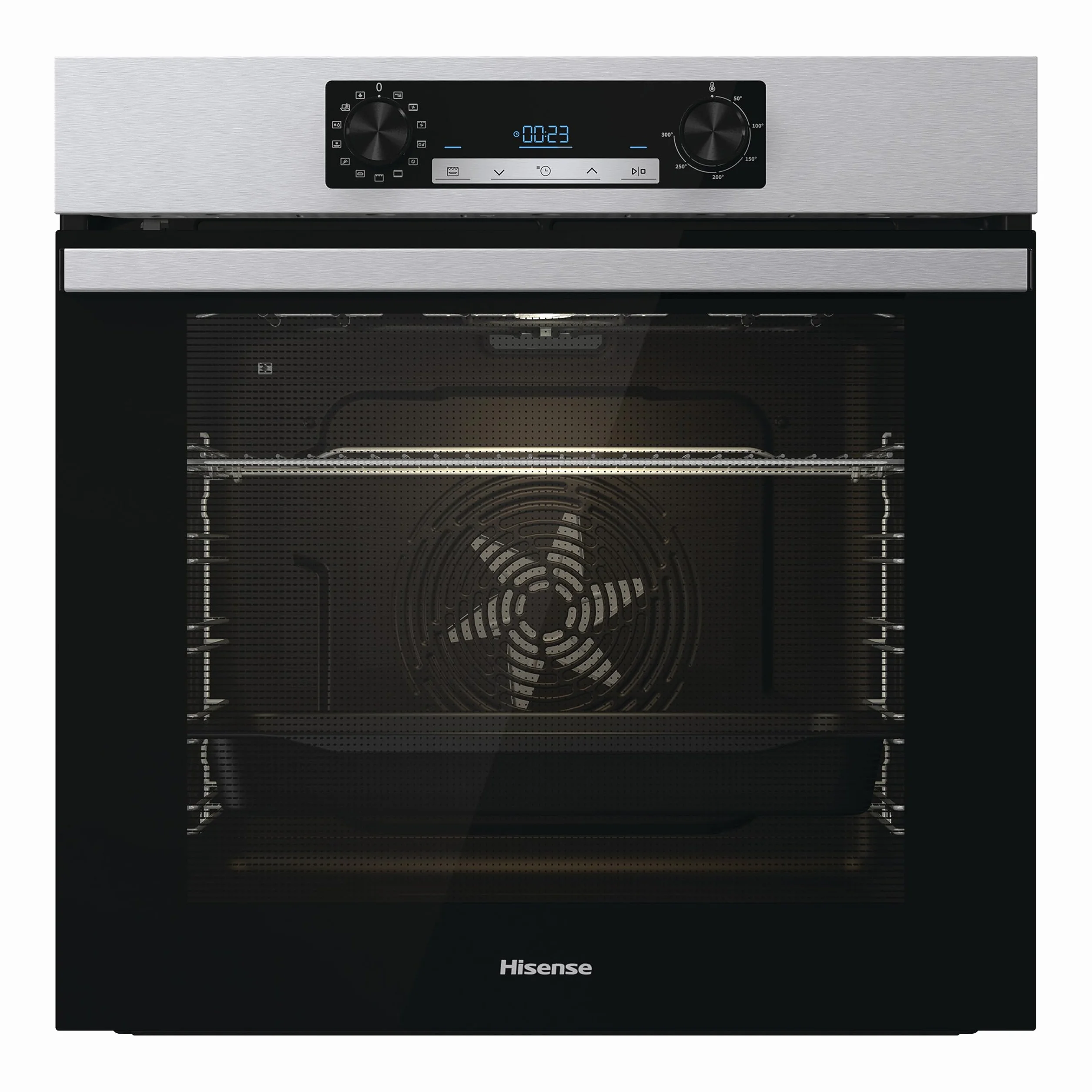 Hisense BI64211PX Horno Multifunción Pirolítico + Función Freidora de Aire sin Aceite, Gran Capacidad 77L,Cocción Simultanea 5 Niveles, ventilador XXL, Pizza mode 300º, Puertas removibles Inox