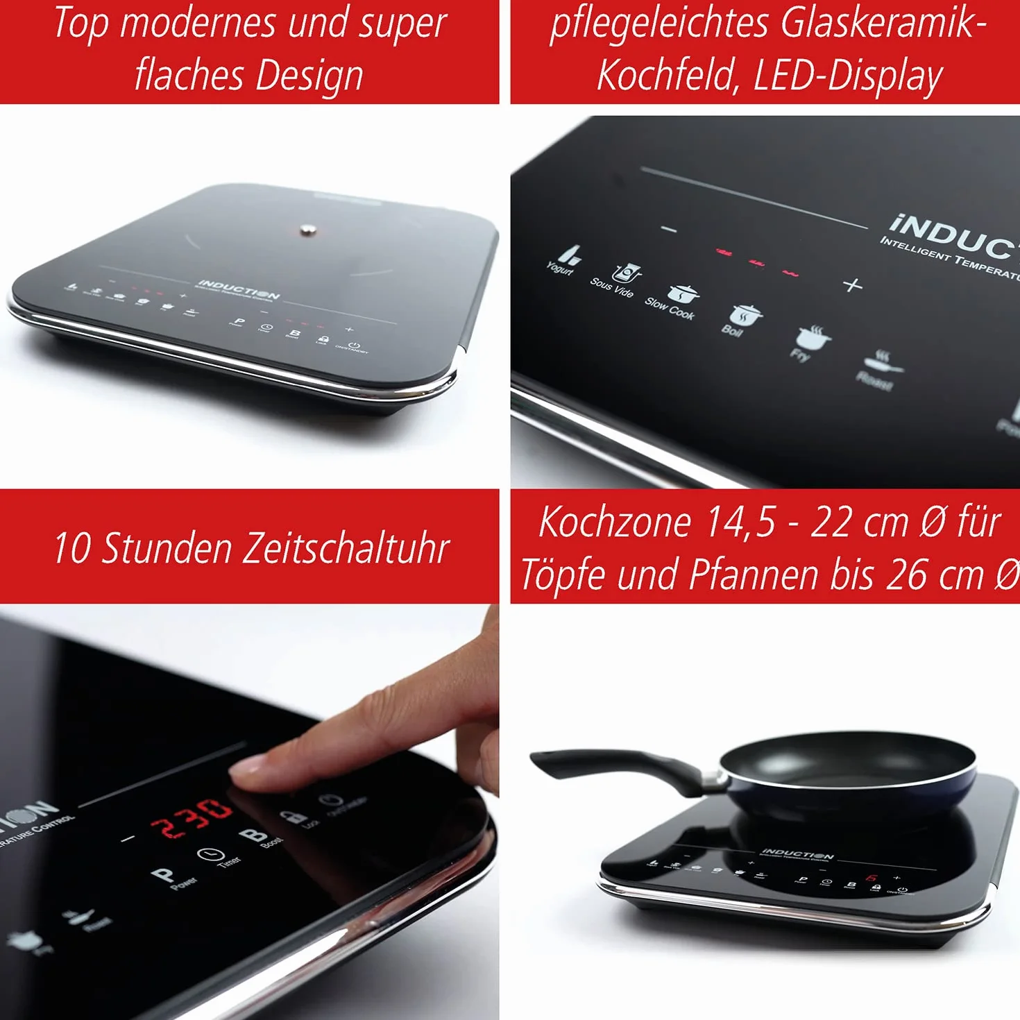 ROMMELSBACHER Placa de cocción individual CTS 2000/IN – Inducción, innovador sensor de temperatura, sustituye a muchos utensilios de cocina: 6 programas (por ejemplo, yogur, sous vide, freír),
