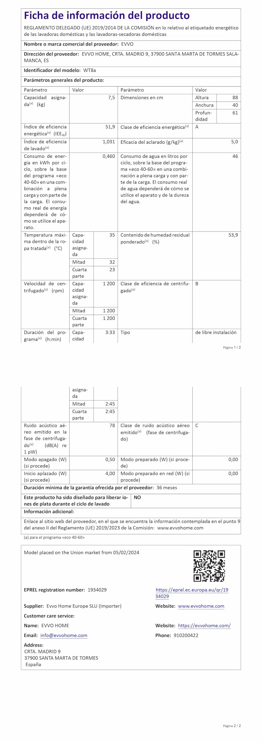 EVVO Lavadora 7,5 kg carga superior Wt8a, Clase energética A, 1250 rpm, Bajo Consumo, Aclarado Automático, 16 programas, Limpieza de tambor, Inicio Diferido, Función ultraRápida (Blanca)