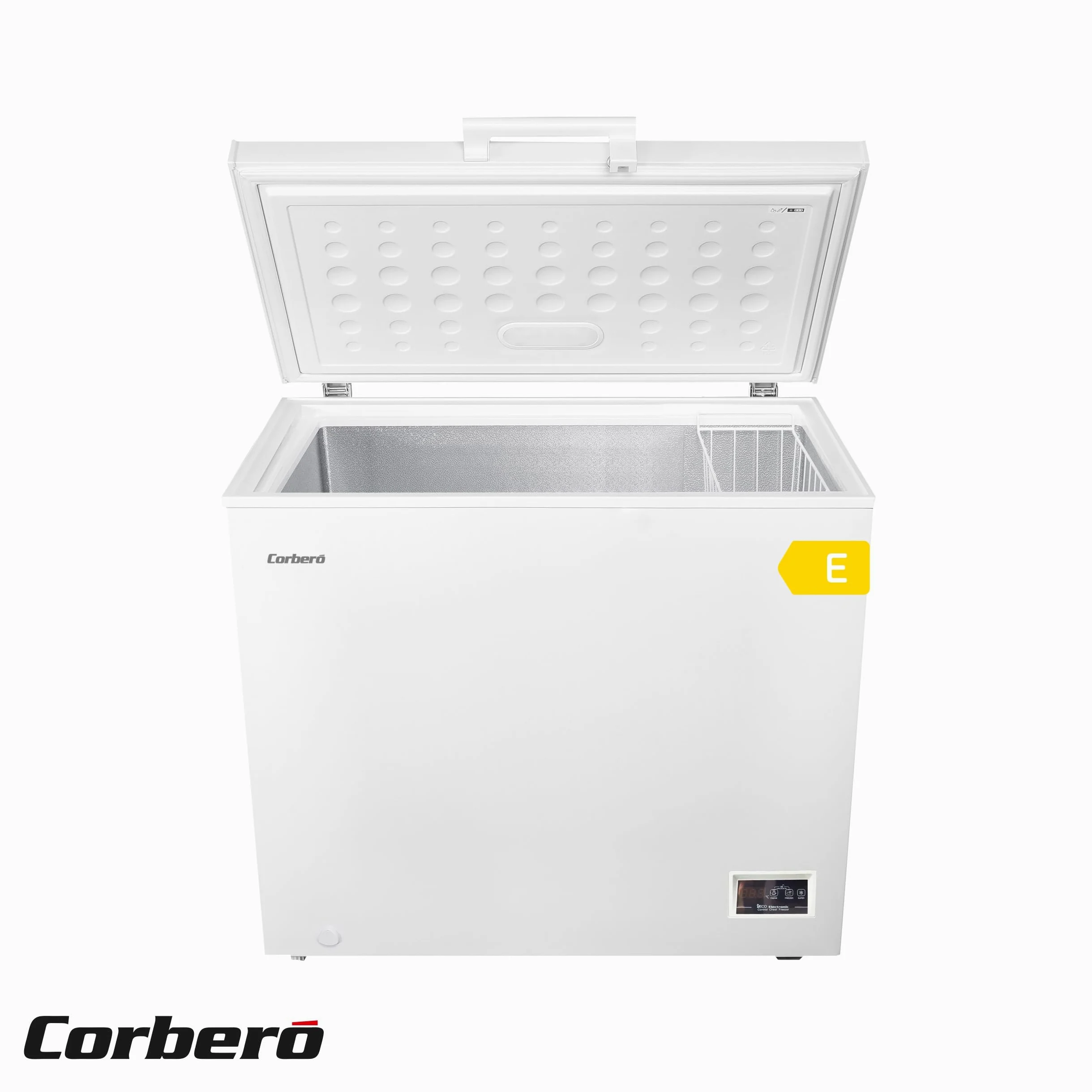 Corberó - Congelador Arcón | CCHH20024E | Capacidad 198L | Control Electrónico con Display | Luz LED | Tirador | 1 Cesta Interior | 2 Ruedas | 2 Patas Ajustables | 40 Db | Blanco