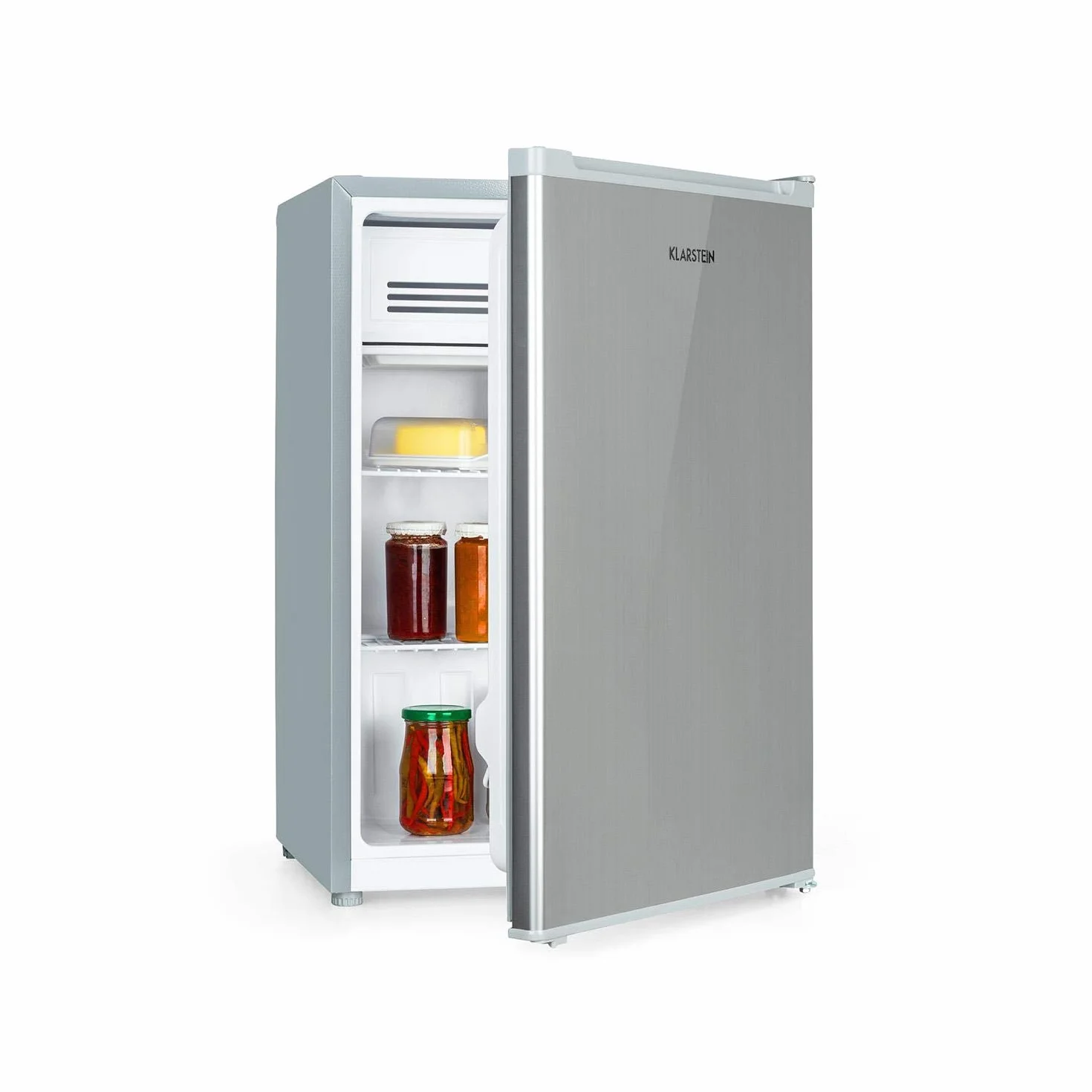 KLARSTEIN Delaware nevera - 76 litros de capacidad, eficiencie energética de clase E, 2 baldas, congelador de 4 litros, compartimento para botellas de hasta 2 litros, plateado/gris
