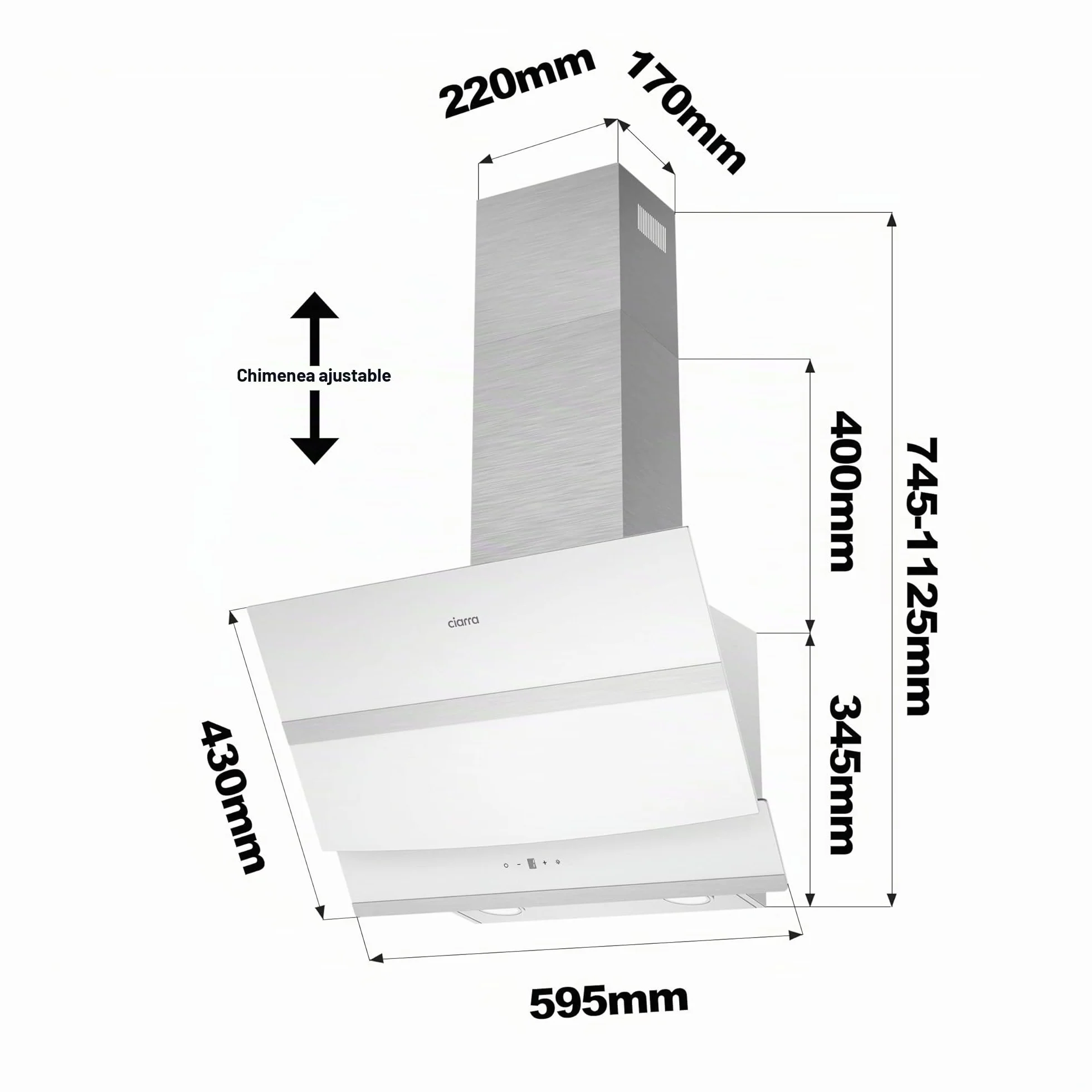 Ciarra ASW6736N Campana Extractora 60cm Clase A+++ 650m³/h Pantalla Táctil 4 Velocidades Recirculación por Filtro de Carbón- Blanco