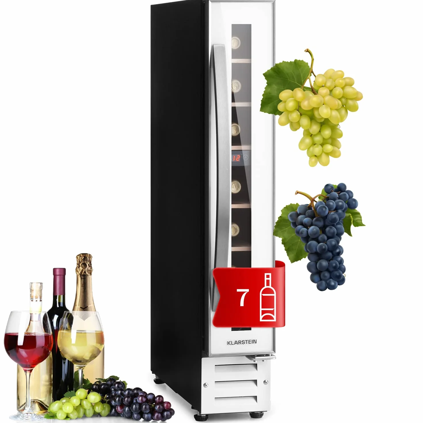 KLARSTEIN Vinoteca, Nevera para Vinos con 1 Zona de Refrigeración, Botellero Puerta Cristal para Vino, Proseco, Expositor Interior y Exterior, Panel Táctil, 20 L., Vinoteca Capacidad 7 Botellas