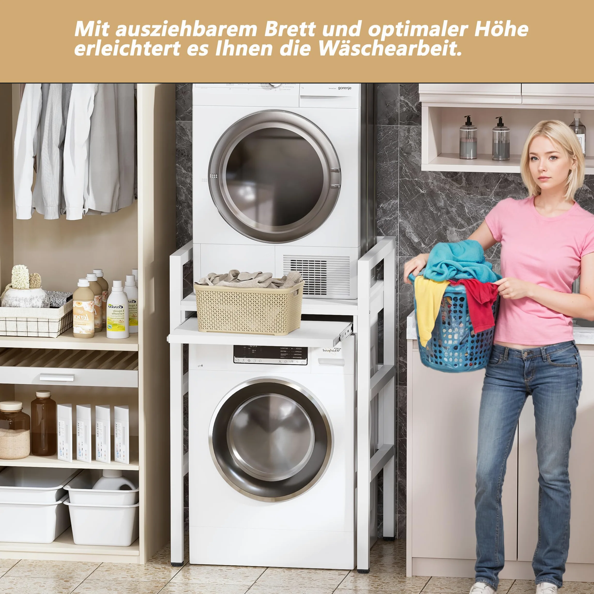 MSFE Estantería Lavadora con Tablero de Estante, Soporte de Altura Ajustable para Secadora,Universal Kit de Soporte Secadora sobre Lavadora, Capacidad de Carga 350kg,73*64*115cm,Producto Patentado