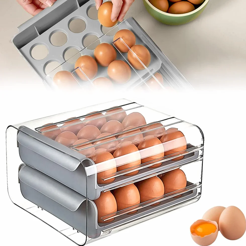 THATSRAD Caja de Huevos para Nevera 32 Rejillas Huevera para Frigorífico Cajón Caja de Almacenamiento para Huevos Bandeja para Huevos Caja Huevos para Refrigerador, Panadería (23,5*21,5*13,5cm, Gris)