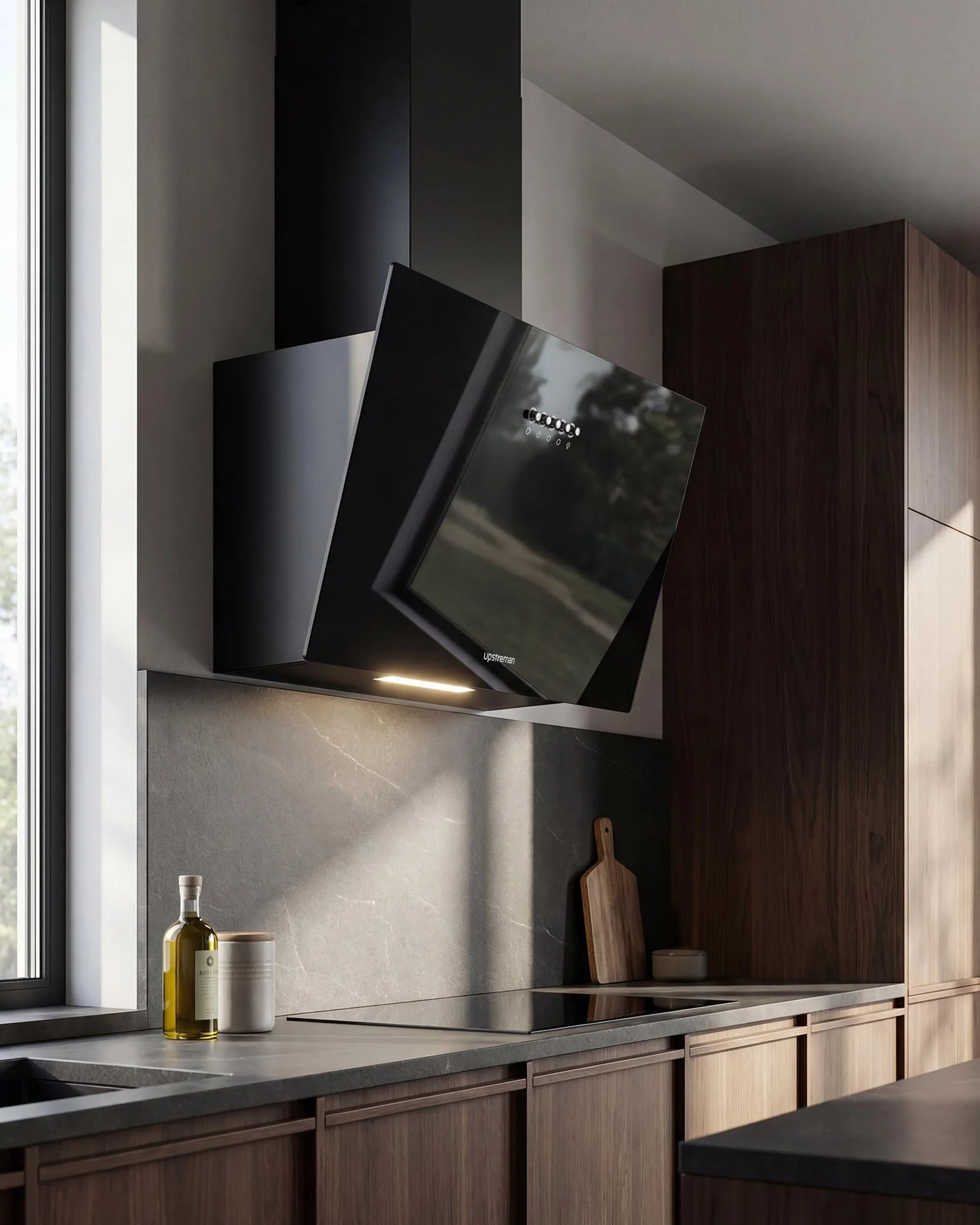 Upstreman Campana Extractora 60 cm, A+++, 56 dB, Diseño Inclinado | 3 vel (324 m³/h), bajo consumo 7 kWh, evita golpes, visión despejada, filtros carbón, LED, filtro lavable, cristal templado