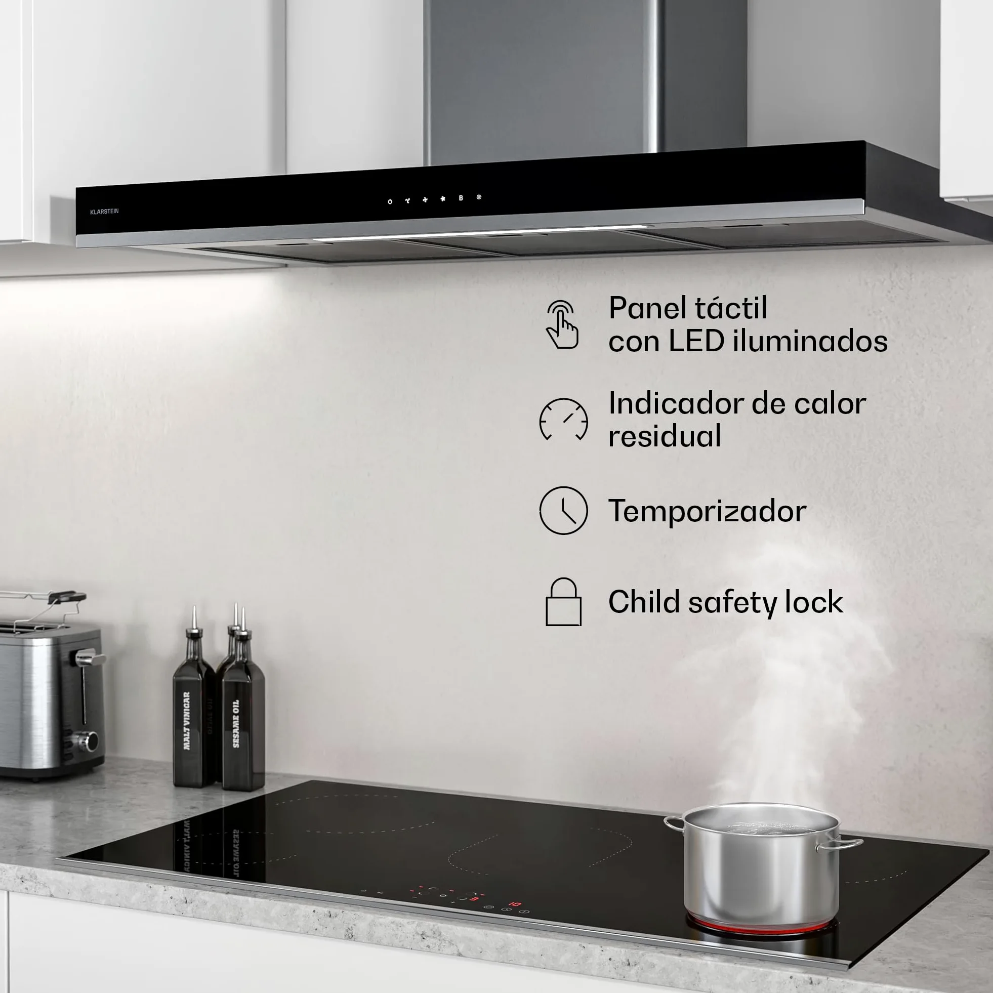Klarstein Verosteel Vitroceramica 91 cm - Placa Vitrocerámica 5 Zonas, 8400 W, Control Táctil, Temporizador & Bloqueo Infantil, Superficie Fácil de Limpiar, Diseño Minimalista Encastrable