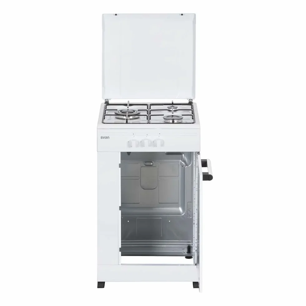 Svan Cocina de Gas Butano Blanco SKG3500PB. 3 Zonas de Cocinado, Quemador WOK triple llama, Compartimento Bombona, Kit Conversión Gas Natural, Acabado en Esmalte Blanco