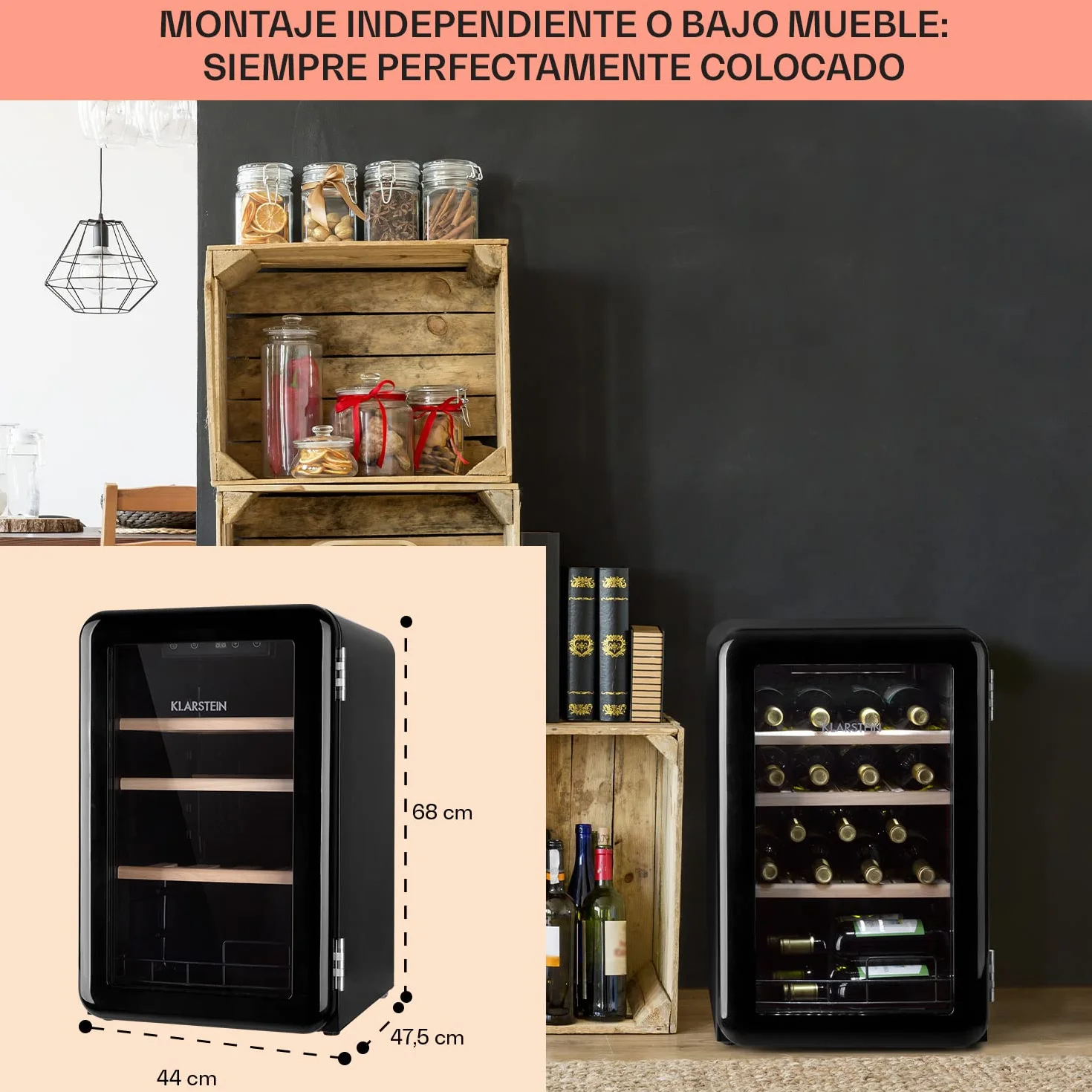 KLARSTEIN Vinoteca 19 Botellas, Nevera Vinos, Una Zona de Refrigeración, Nevera Expositora Vino y Cerveza, Vinoteca Interior y Exterior con Puerta de Cristal, Nevera Vino con Protección UV, 4-22°C