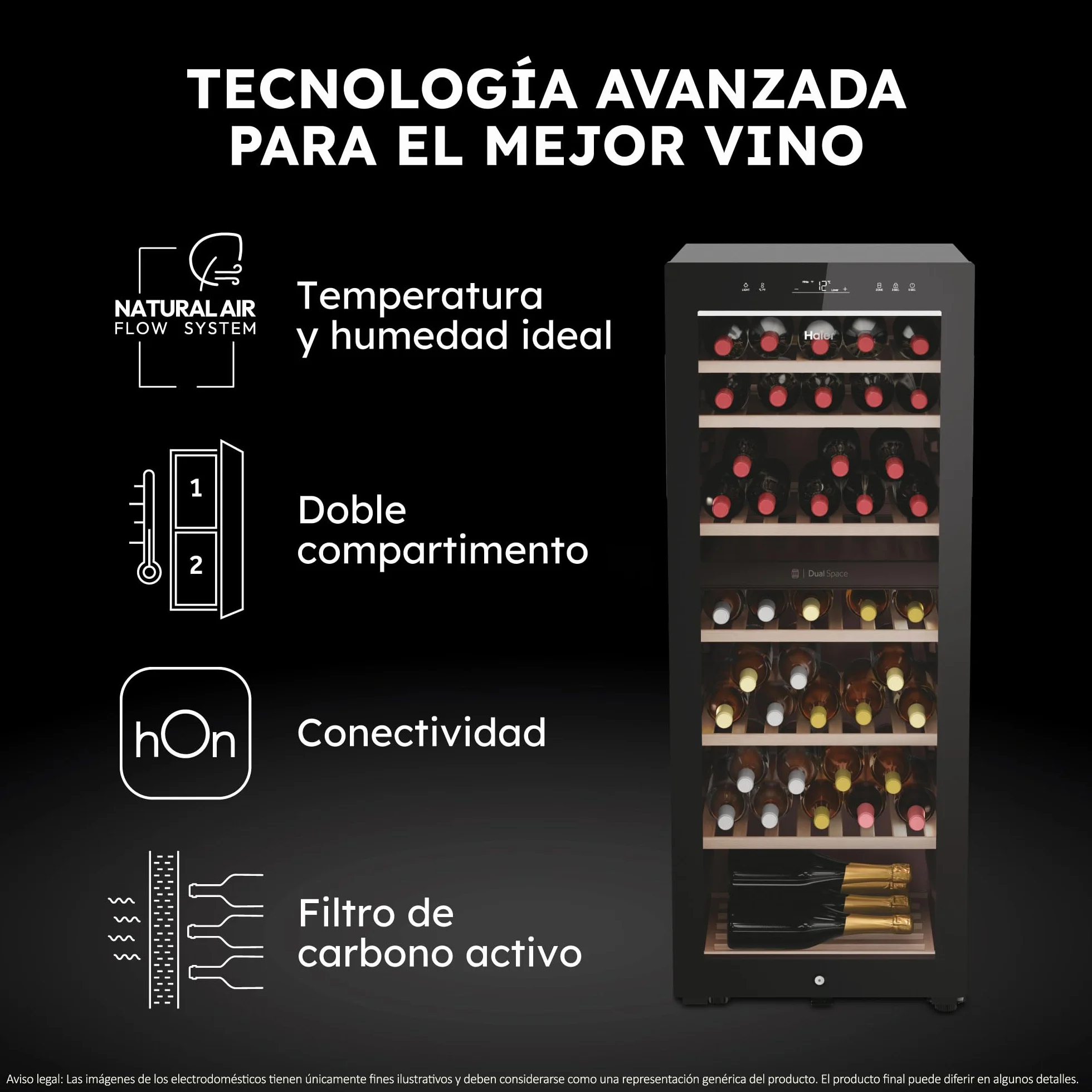 Haier Wine Bank 50 Series 7 HWS77GDAU1 Vinoteca de 77 botellas, WIFI, 2 Zonas, Estantes de madera, Filtro Anti-UV, Filtro de carbón, Refrigeración por Compresor, Display Digital, LED, 37 dbA, Negra