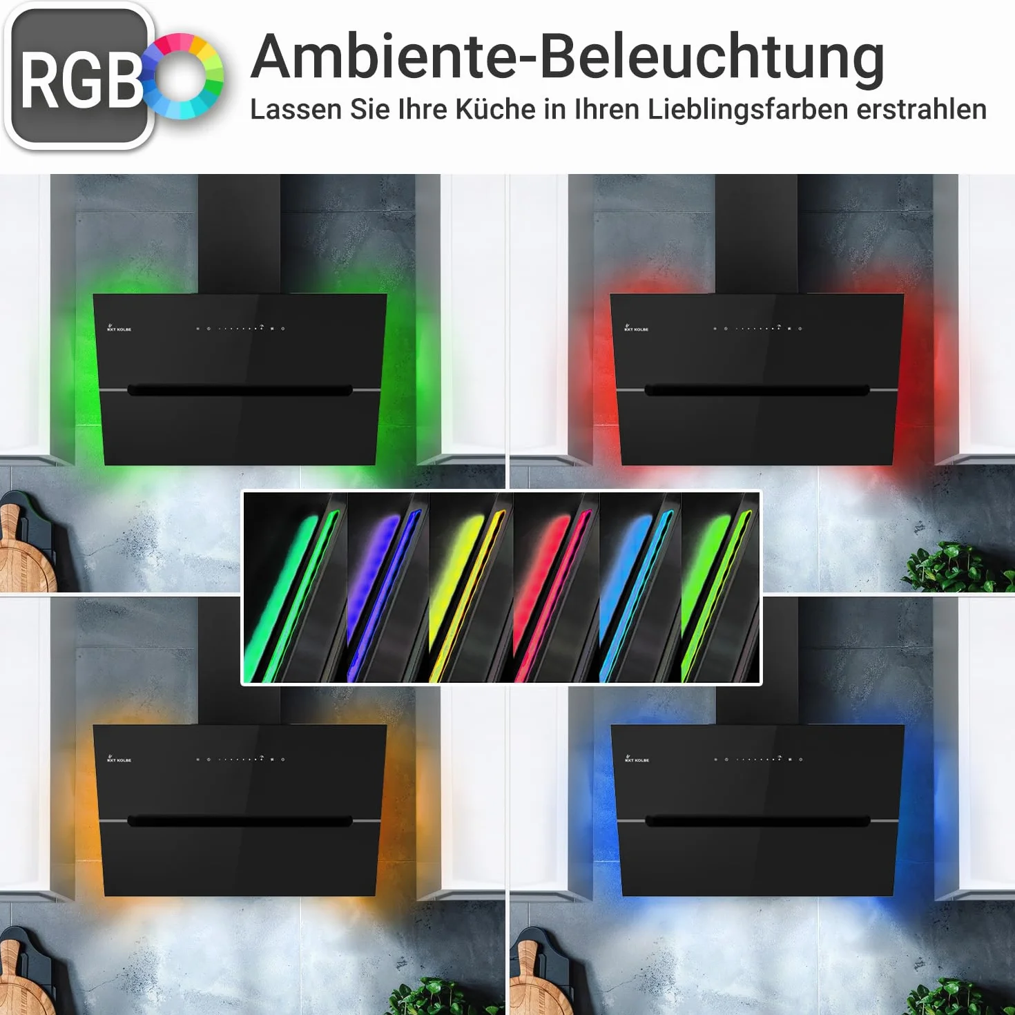 KKT KOLBE campana extractora de 60 cm | 782 m³/h Descarga de ingresos de urinación | Sin cabeza | Montado en pared | Vidrio negro | Smart WiFi App WLAN | Iluminación LED RGB | EC6005SM