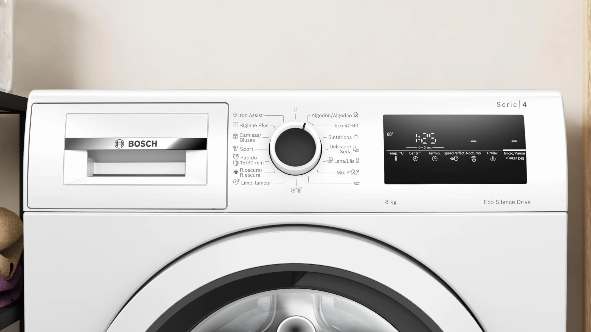 Bosch - Lavadora Libre Instalación, 8 kg, 1200 RPM, Serie 4, Función Pausa + Carga, Iron Assist, Motor EcoSilence, Blanco, WAN24272ES
