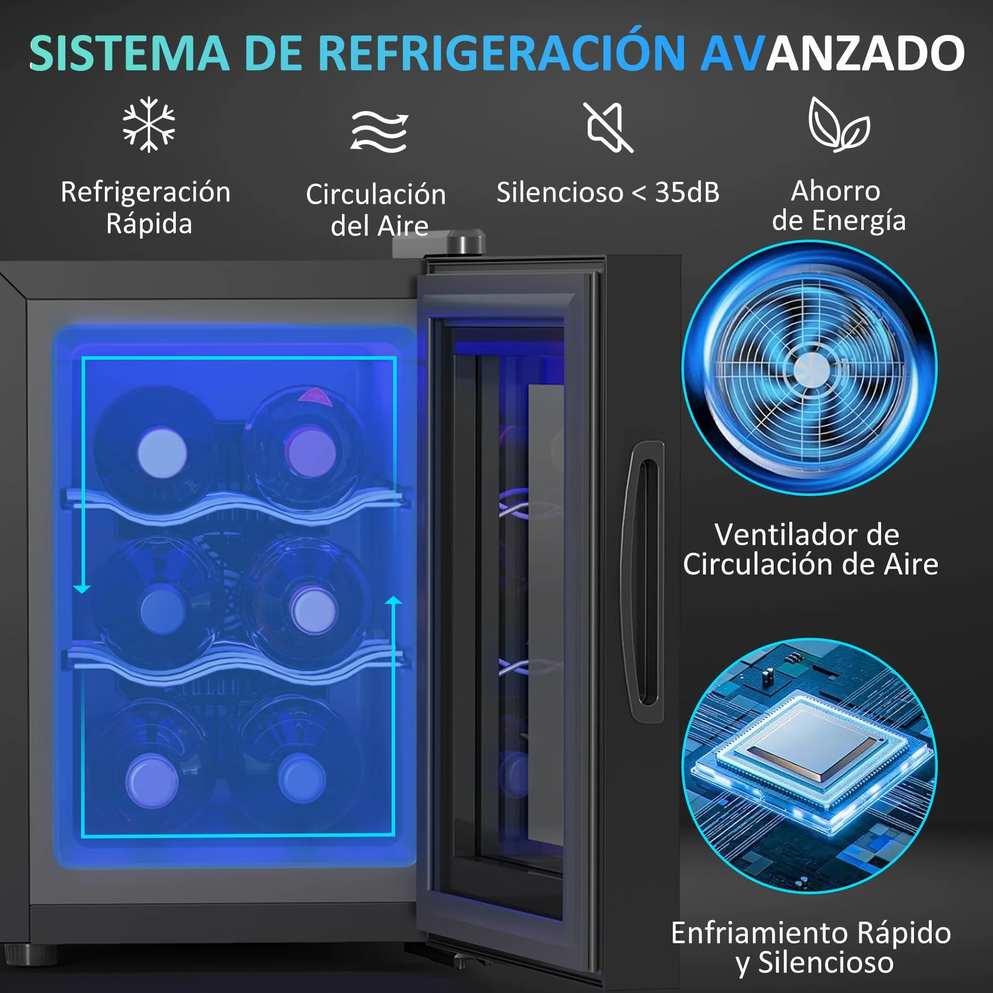 HOMCOM Vinoteca 6 Botellas, Nevera para Vinos con Doble Refrigeración Termoeléctrica, Temperatura Ajustable 8-18℃, Puerta de Vidrio, Anti-UV, Pantalla LED, Luz Interior, Negro