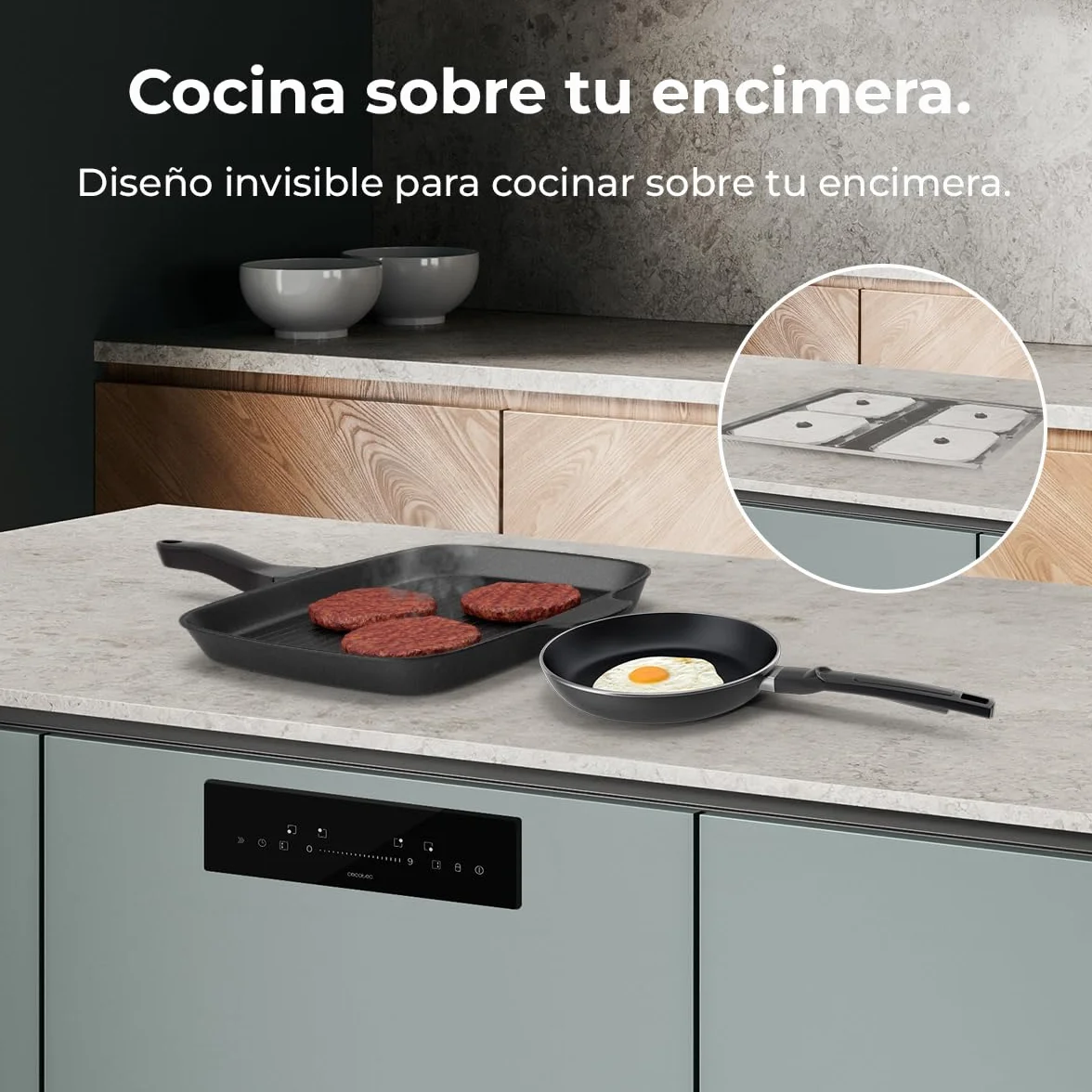 Cecotec Placa de Inducción Invisible - Oculta Bajo Encimera 60cm Bolero Squad I 4300 Invisible FullFlex. 7200W, Encimera 12-15mm y que Soporte 400º, 9 Velocidades, Temporizador, Bloqueo de Seguridad