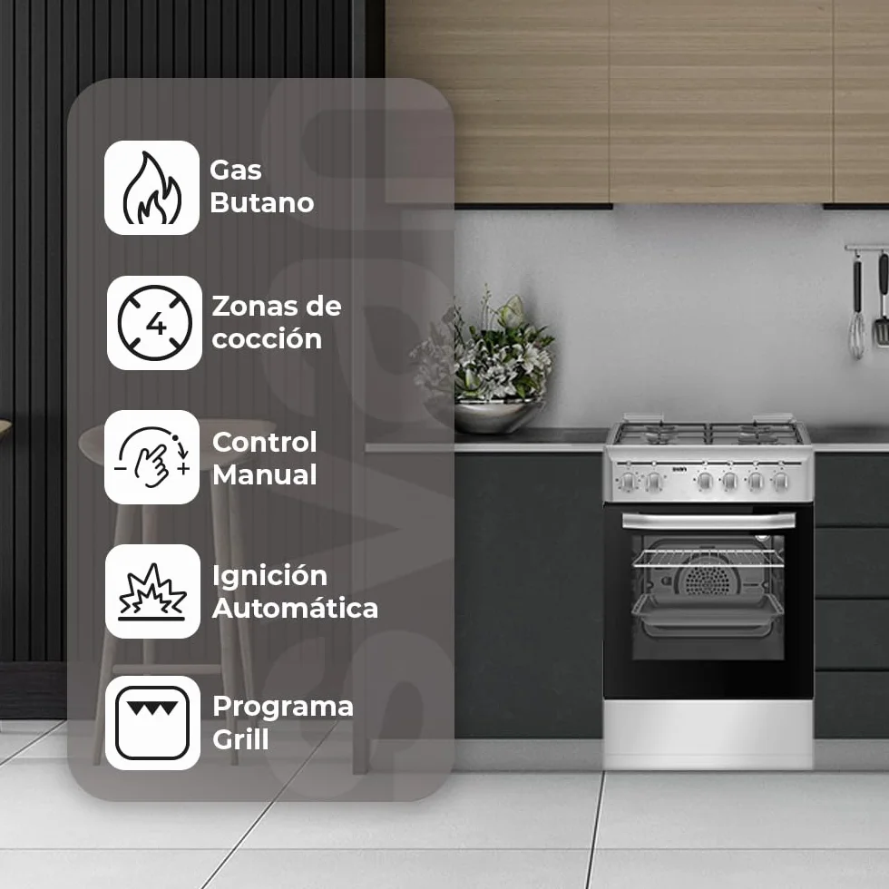 Svan Cocina Mixta gas Butano 4 Zonas Inox SKM4500X. Kit Conversión Gas Natural, Acabado en Inox