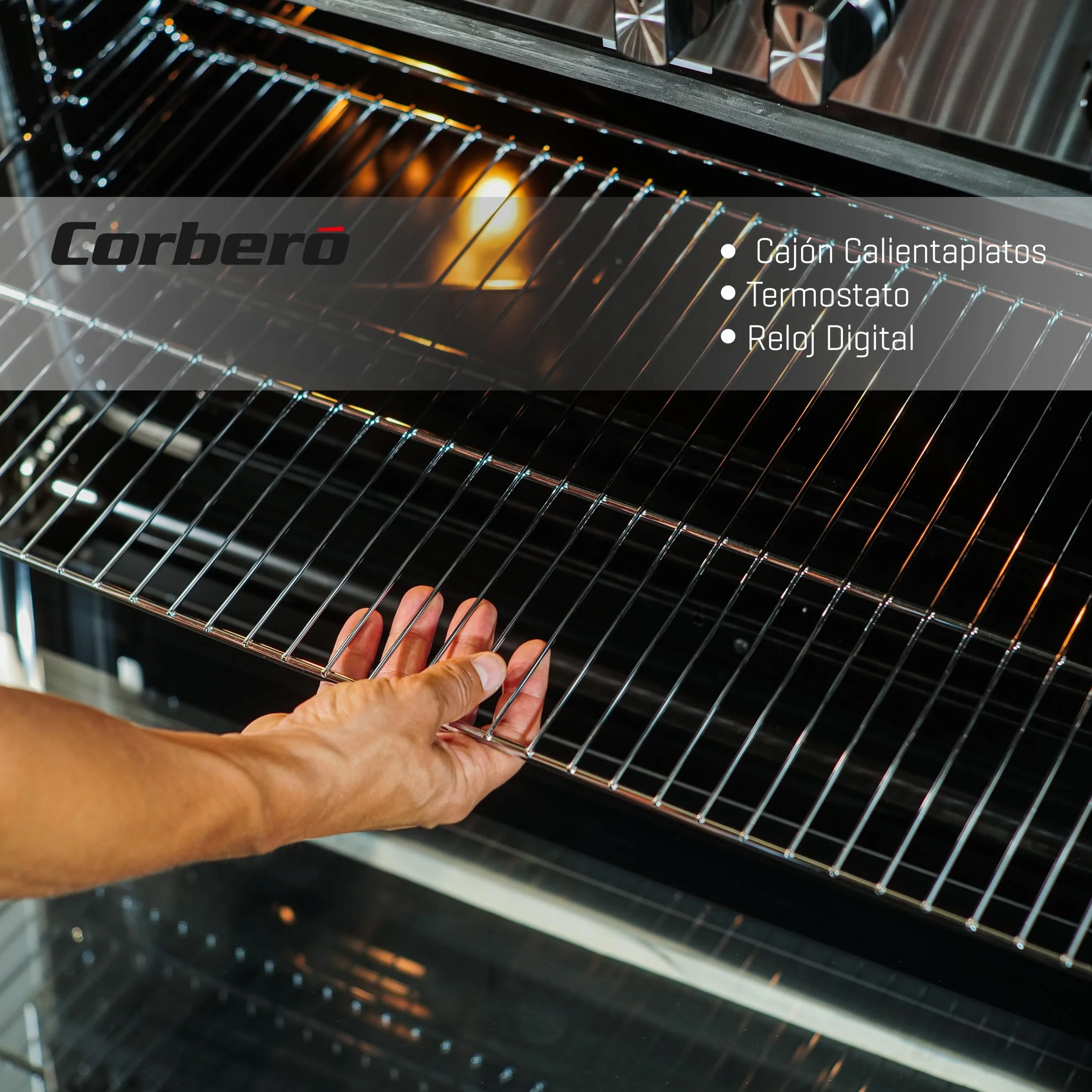Corberó - Cocina de Gas Butano | CC900X | Horno 96L Panorámico | 5 Fuegos con Opción Wok | Autoencendido Integrado | Fácil Limpieza | Sin Tapa | Inox