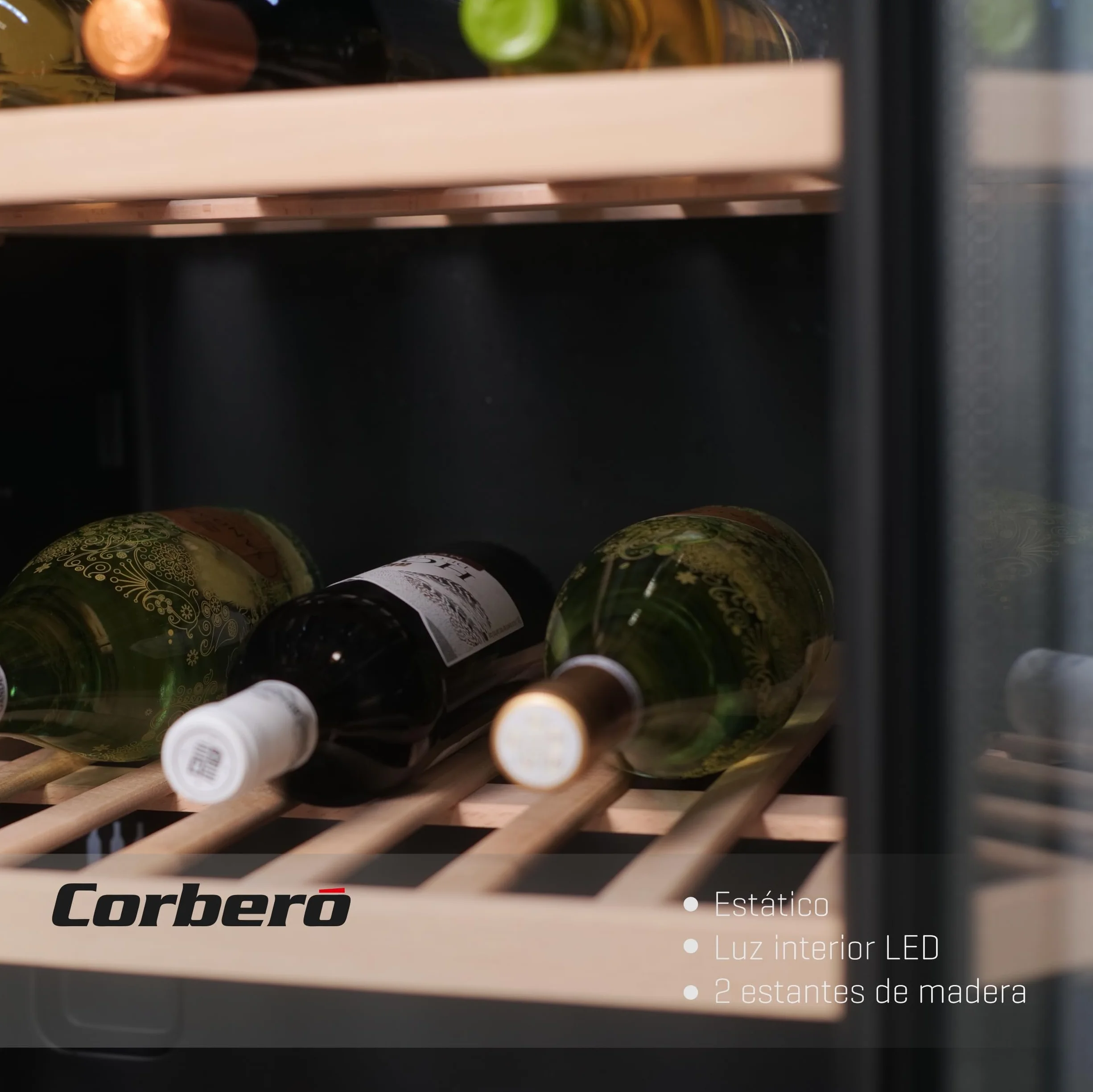 Corberó - Vinoteca CFKWC61SW | 126L | 61 Botellas | Puerta Cristal | Display LED | 2 Estantes Madera | Rango Temperatura 5-20ºC | Nevera para vinos | Negro