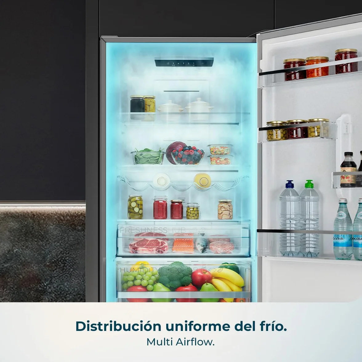 Cecotec Frigorífico Combi 322L Bolero CoolMarket Combi 322i Inox D. 185,5cm de Alto, 59,5cm de Ancho, Tecnología Multi Airflow, HumidityFlex HUB, LED Interior