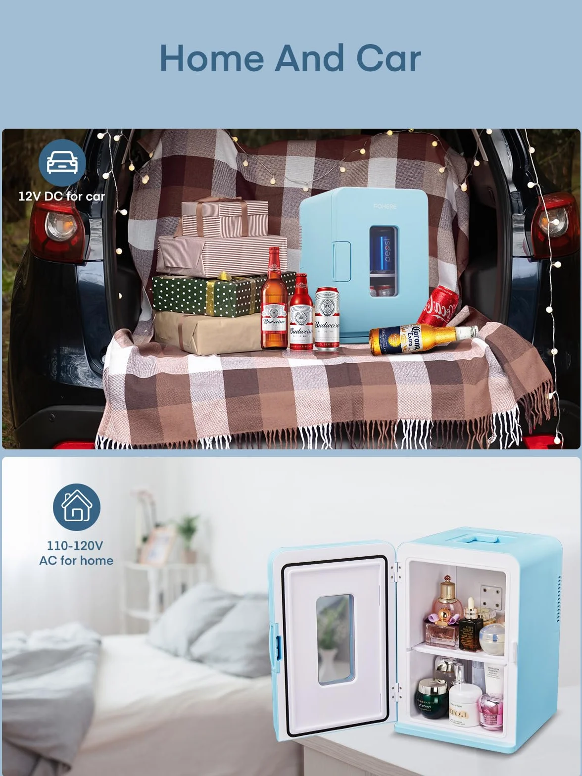 FOHERE Mini Frigorífico Portátil 15L 21 Latas 12V 220V Frío Calor Azul