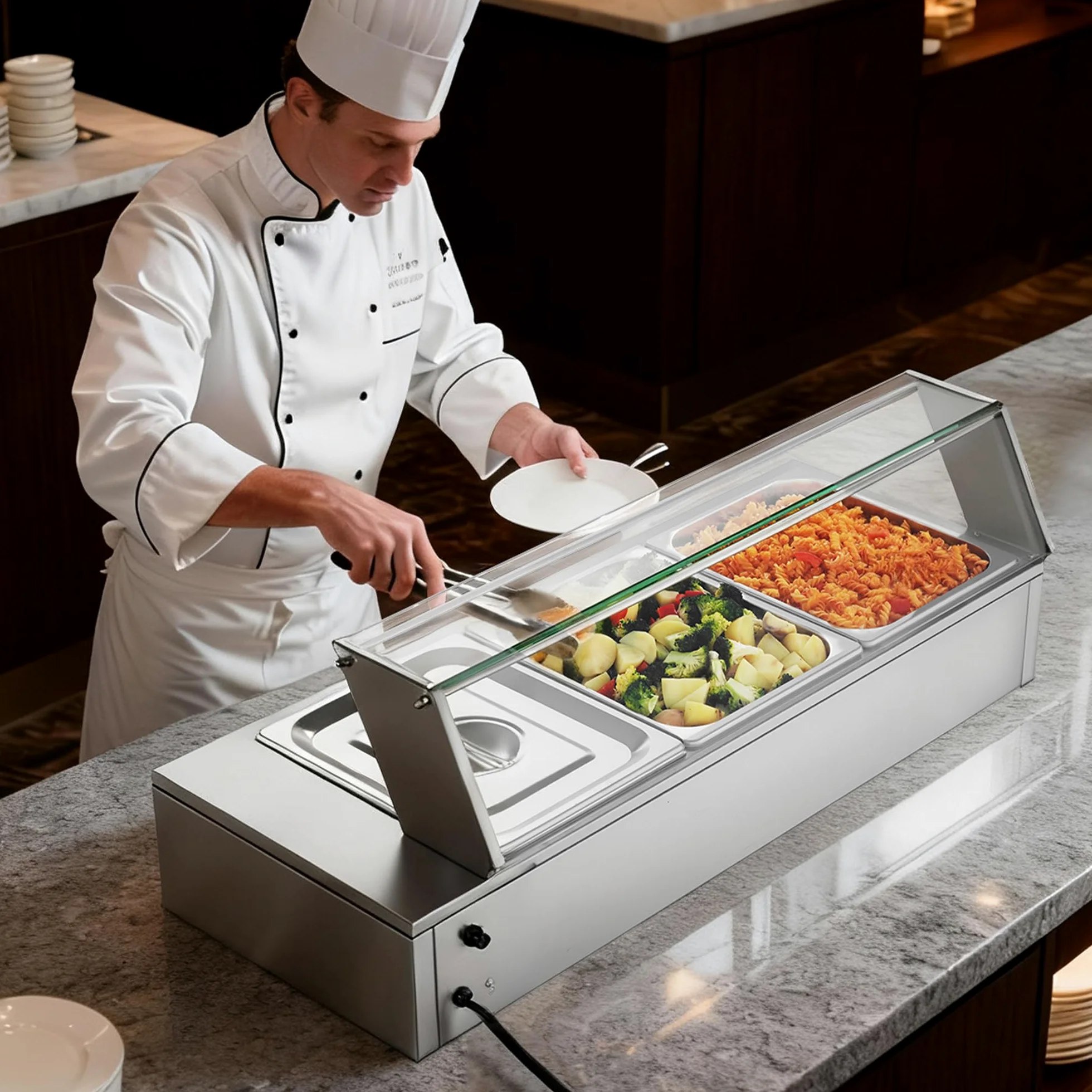 VEVOR Calentador de Alimentos, Tapa de Vidrio y 3 Recipientes,1,5 kW, Acero Inoxidable, Baño María, Estación de Calentamiento de Alimentos para Restaurantes, Fiestas y Buffets, 920 x 365 x 335 mm