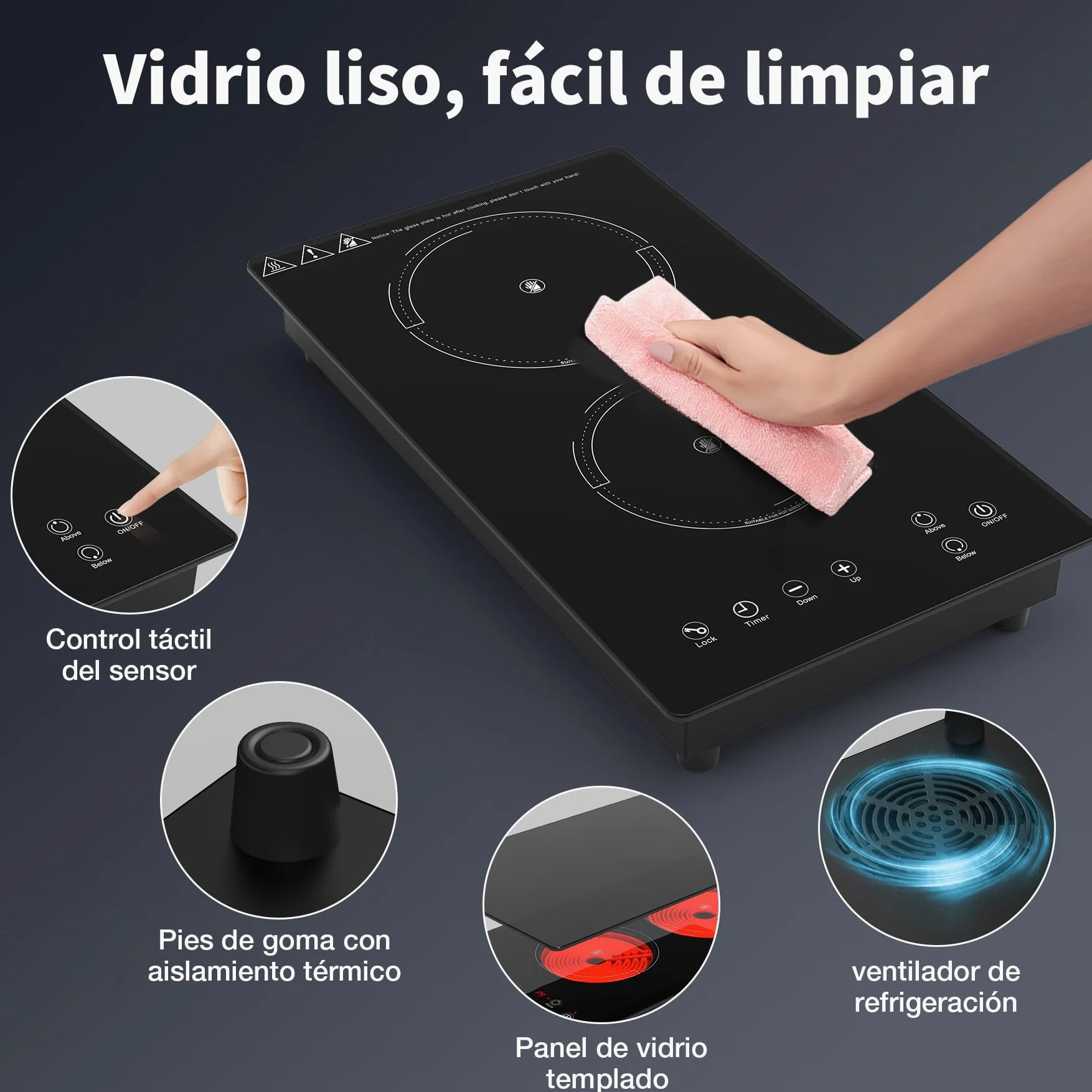 VBGK placa vitroceramica，220V 3000W placa de vitroceramica con control táctil LED, 9 niveles de potencia, bloqueo de seguridad infantil, temporizador de 4 horas y protección contra sobrecalentamiento.