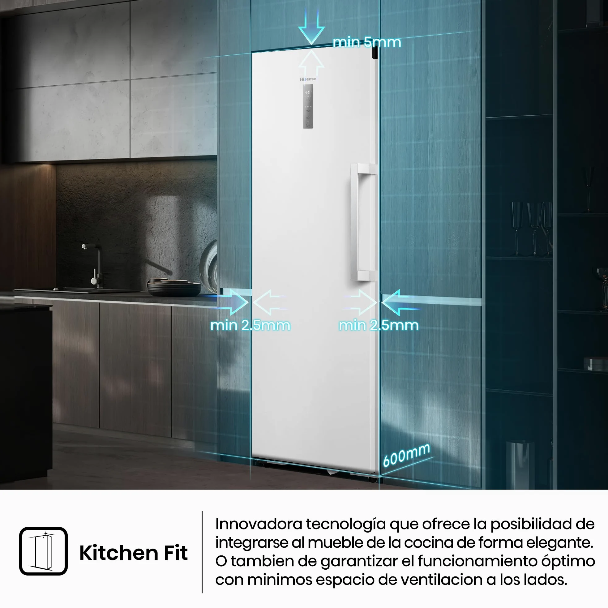 Hisense FT3K310SEWE1 - Congelador Una Puerta Total No Frost Kitchen Fit, 312L, 186cm, Ventilación Inferior, Congelamiento Rápido, Tirador de Apertura Fácil, Apertura de Puerta 90º, WiFi, Blanco